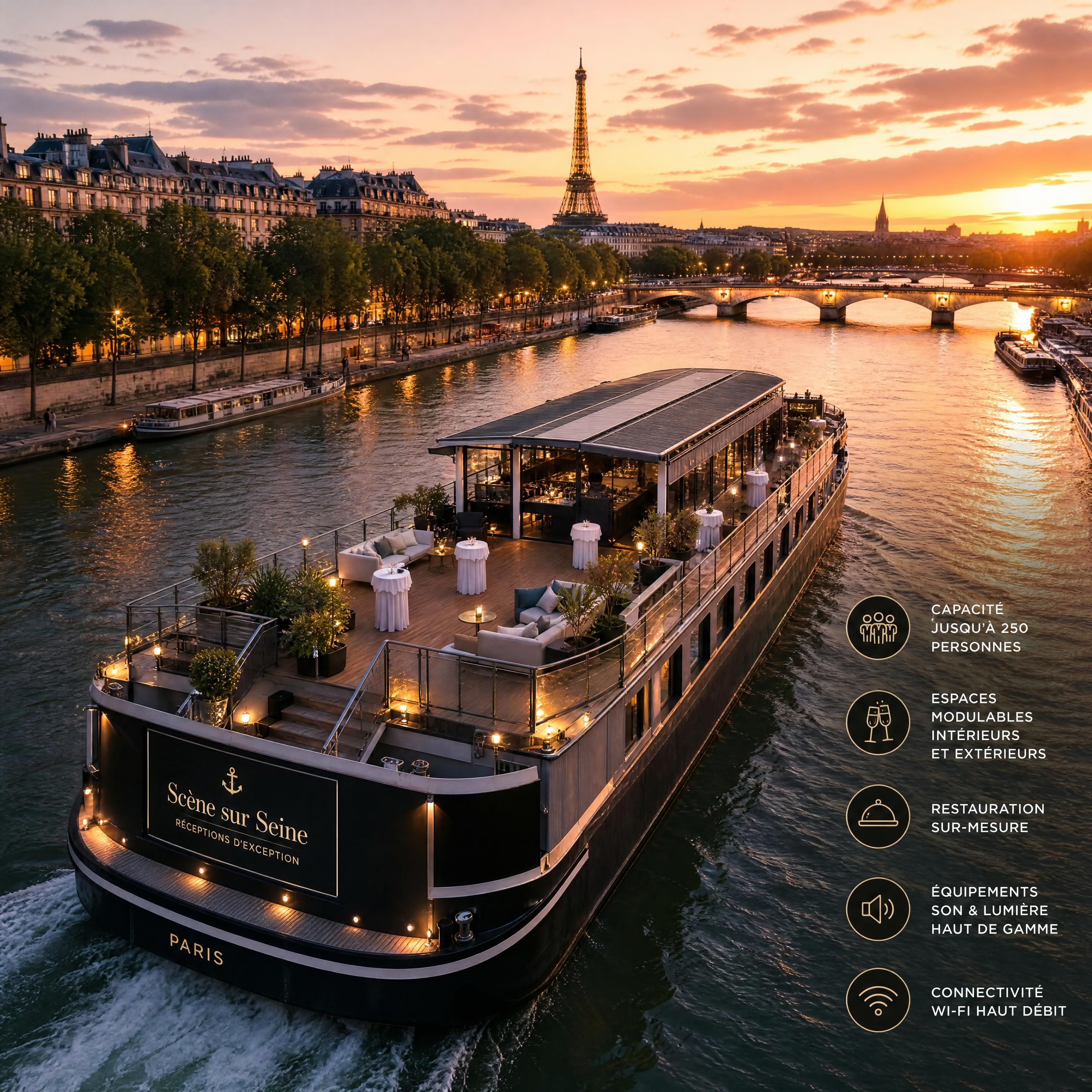 Vue aérienne d'une péniche événementielle haut de gamme naviguant sur la Seine à Paris au coucher du soleil, mettant en valeur la terrasse et les installations techniques de réception