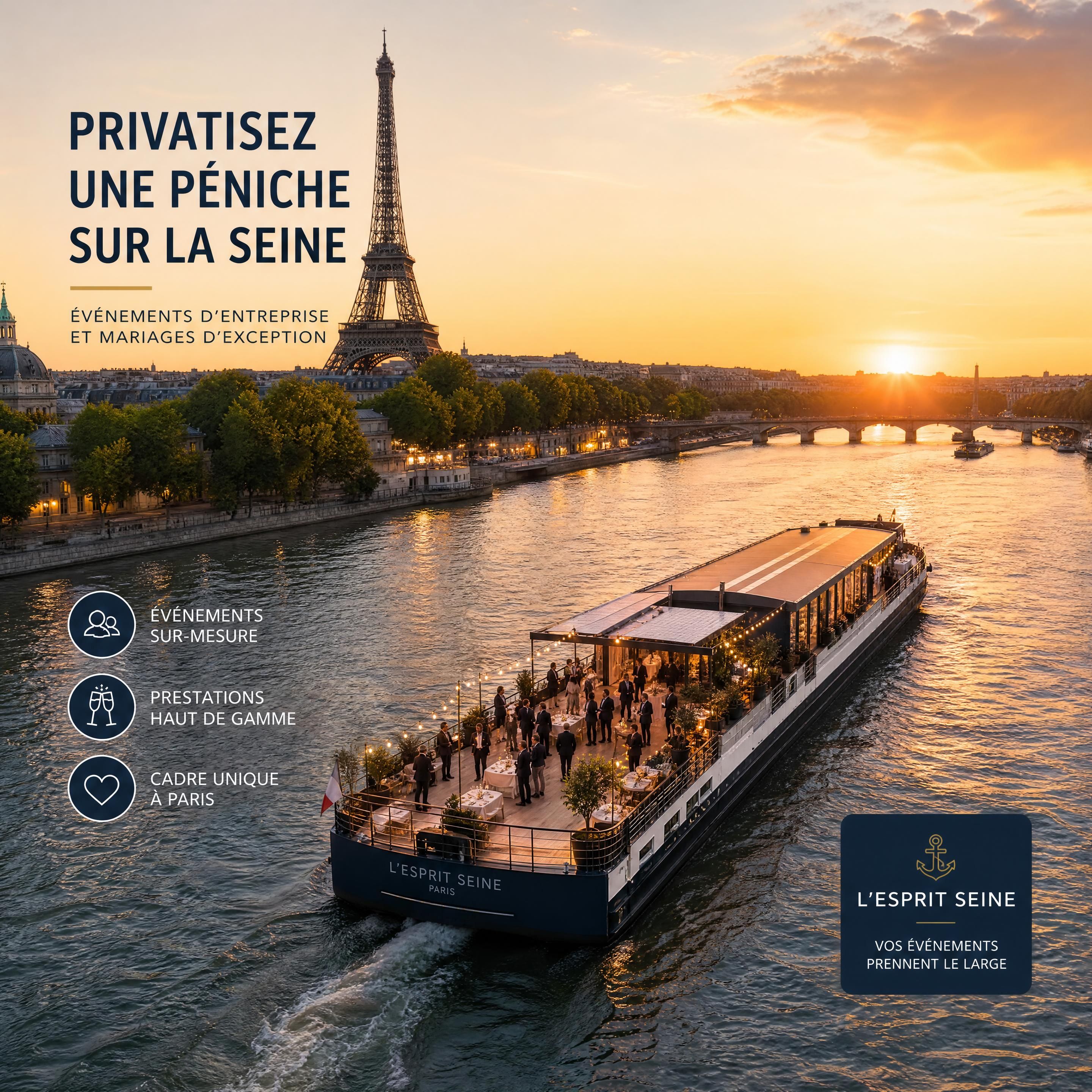 Vue aérienne d'une péniche privatisée naviguant sur la Seine à Paris au coucher du soleil, idéale pour un événement d'entreprise ou un mariage