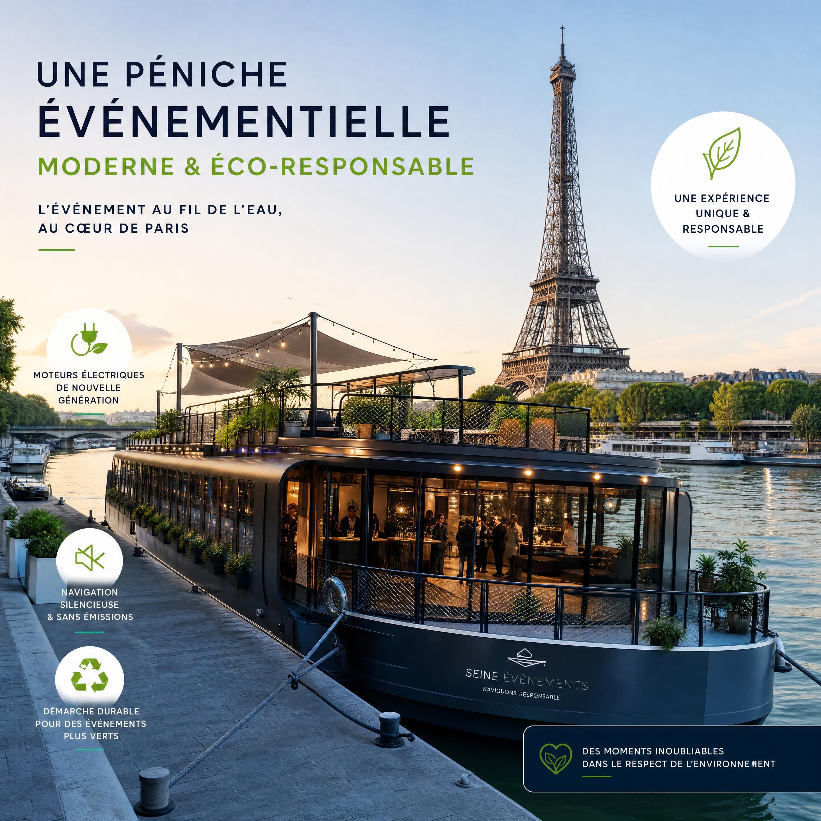 Une péniche événementielle moderne et éco-responsable équipée de moteurs électriques de nouvelle génération, amarrée sur la Seine face à la Tour Eiffel à Paris