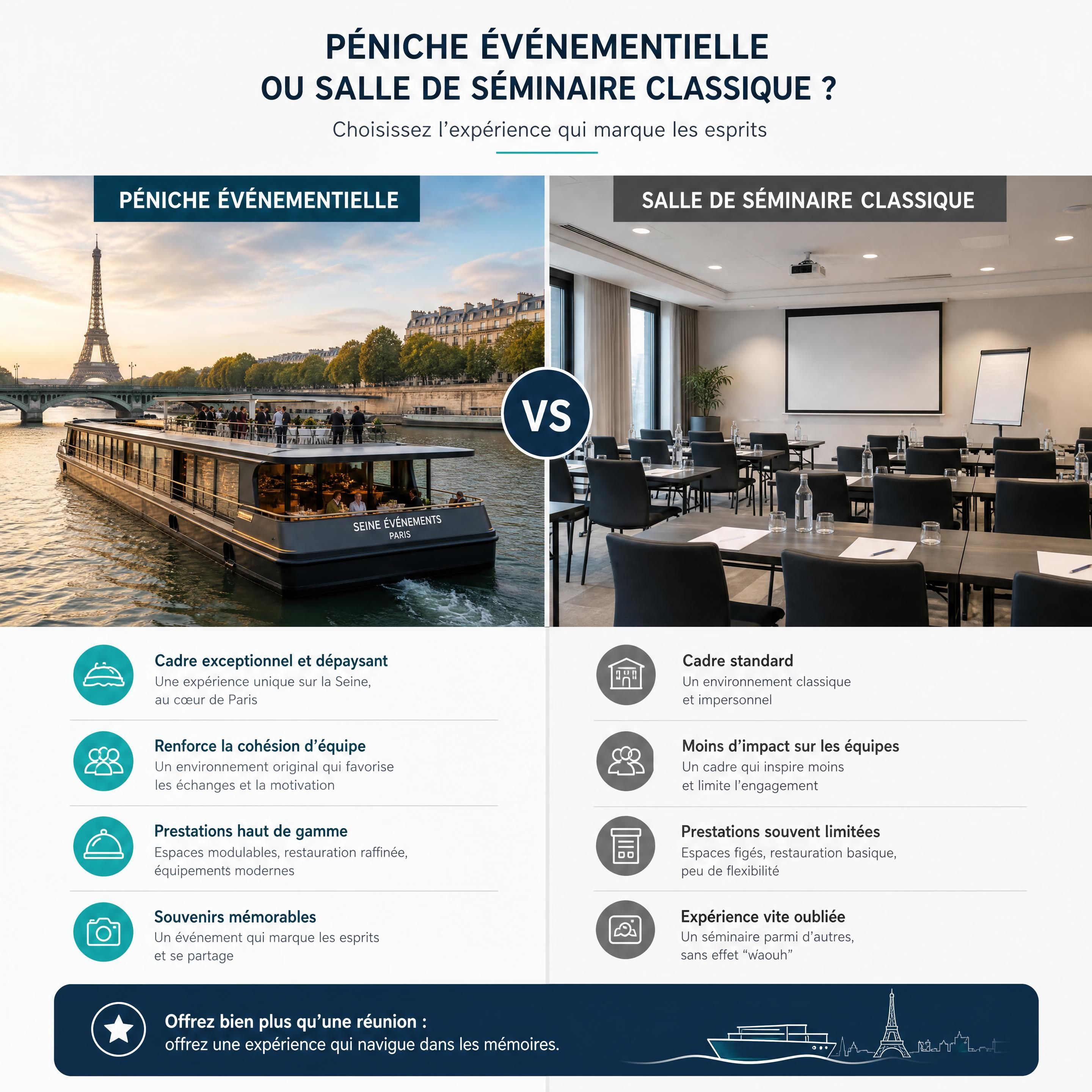 Comparatif visuel entre une péniche événementielle moderne naviguant sur la Seine à Paris et une salle de séminaire classique