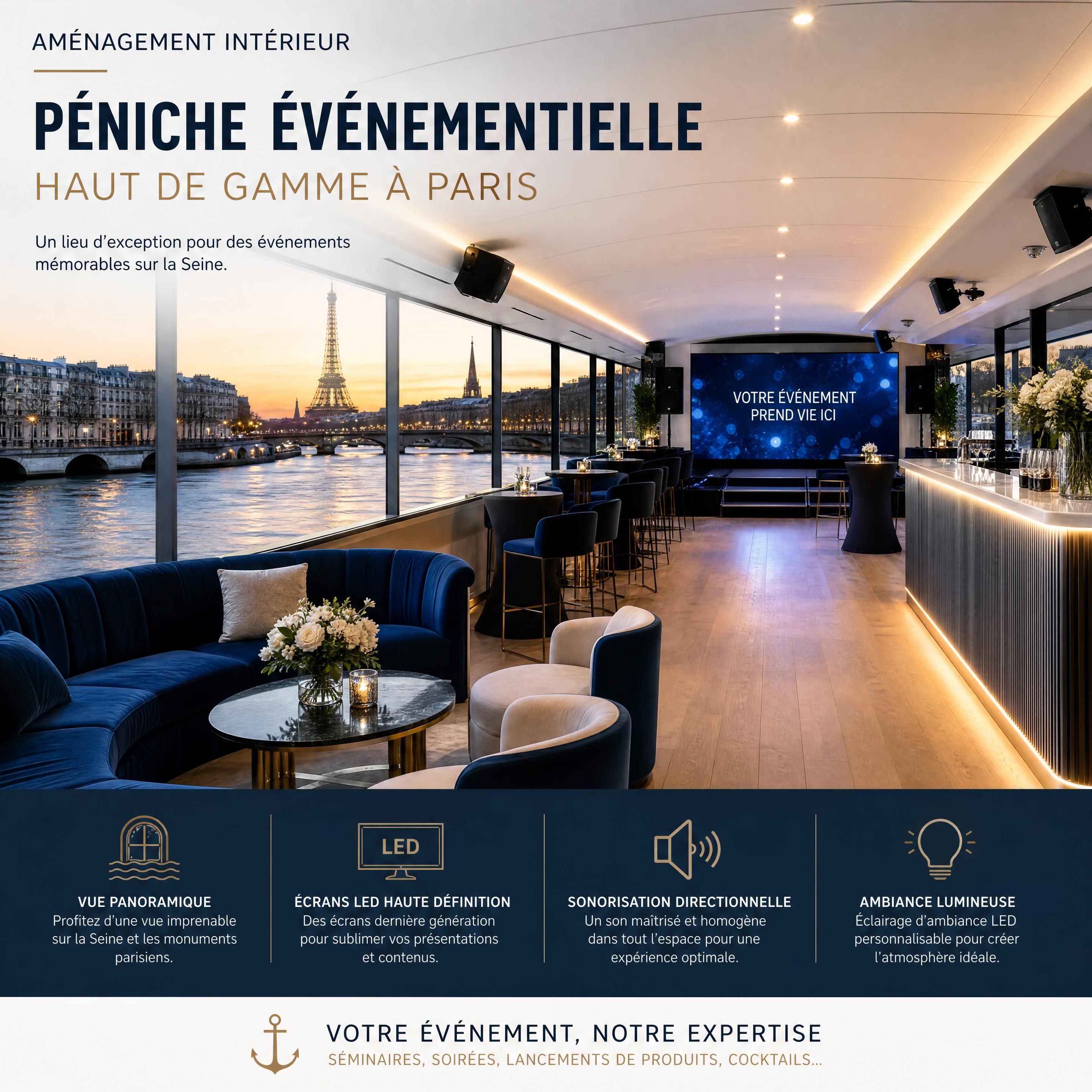Aménagement intérieur d'une péniche événementielle haut de gamme à Paris avec écrans LED, sonorisation directionnelle et vue panoramique sur la Seine