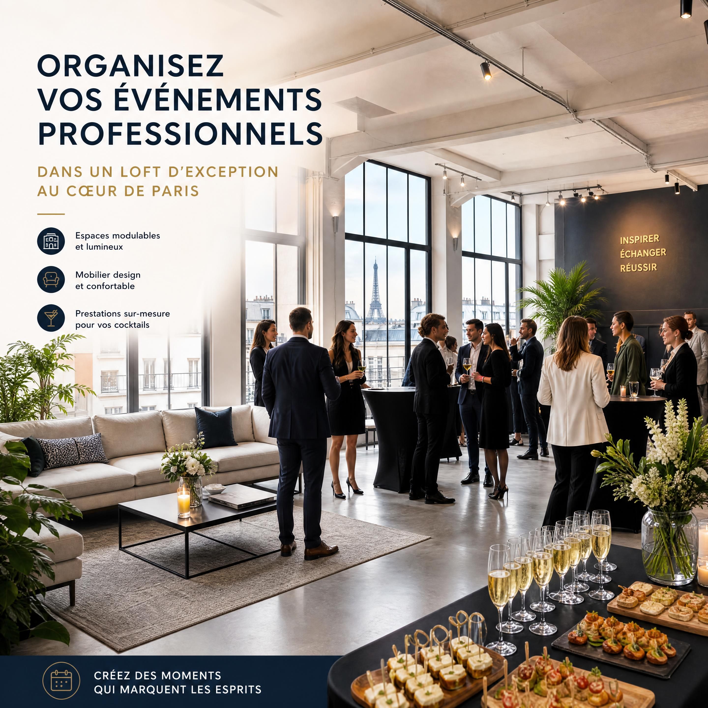 loft événementiel parisien lumineux aménagé pour un cocktail professionnel avec mobilier design et invités