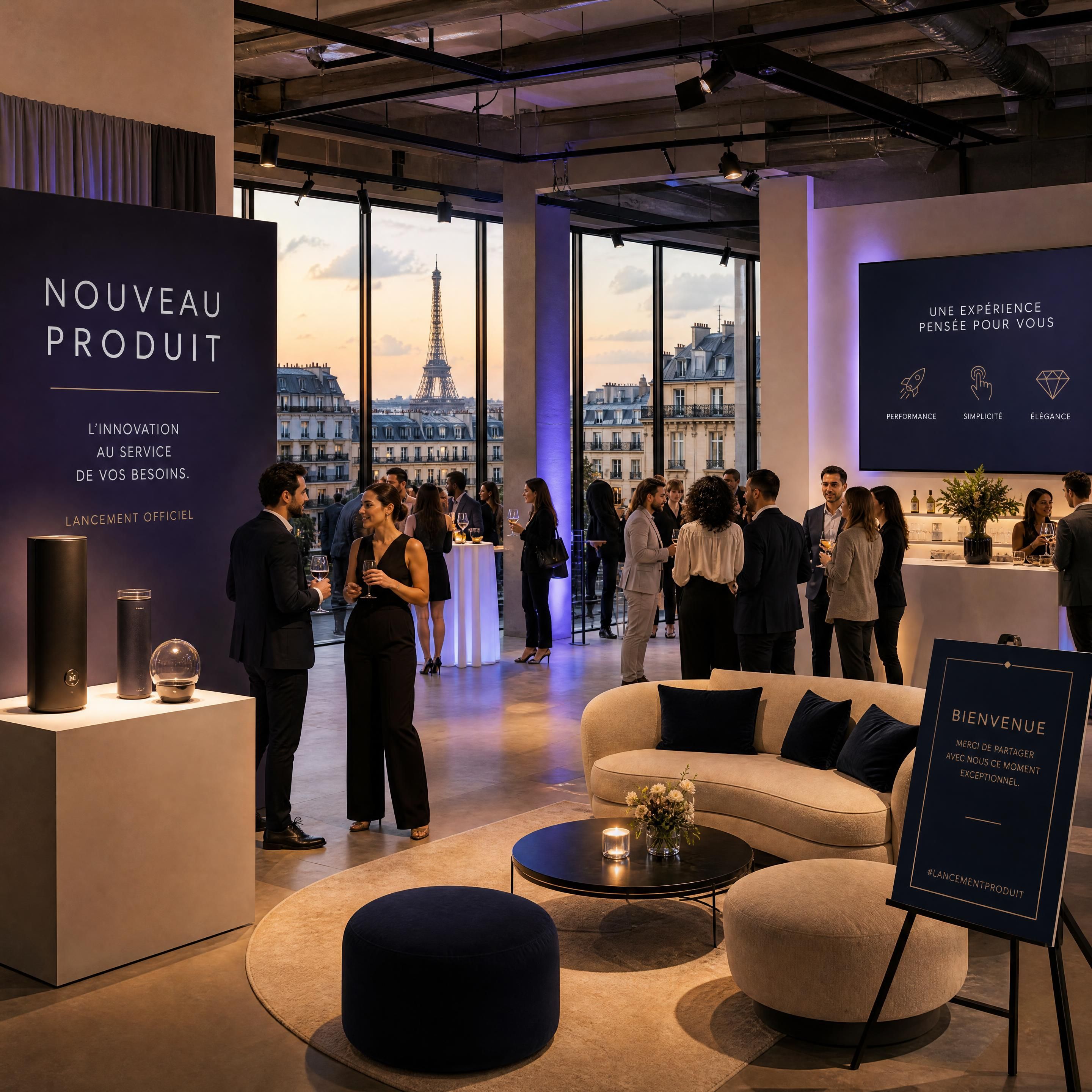 loft événementiel à Paris aménagé pour un lancement de produit, avec espace cocktail, mobilier contemporain et invités