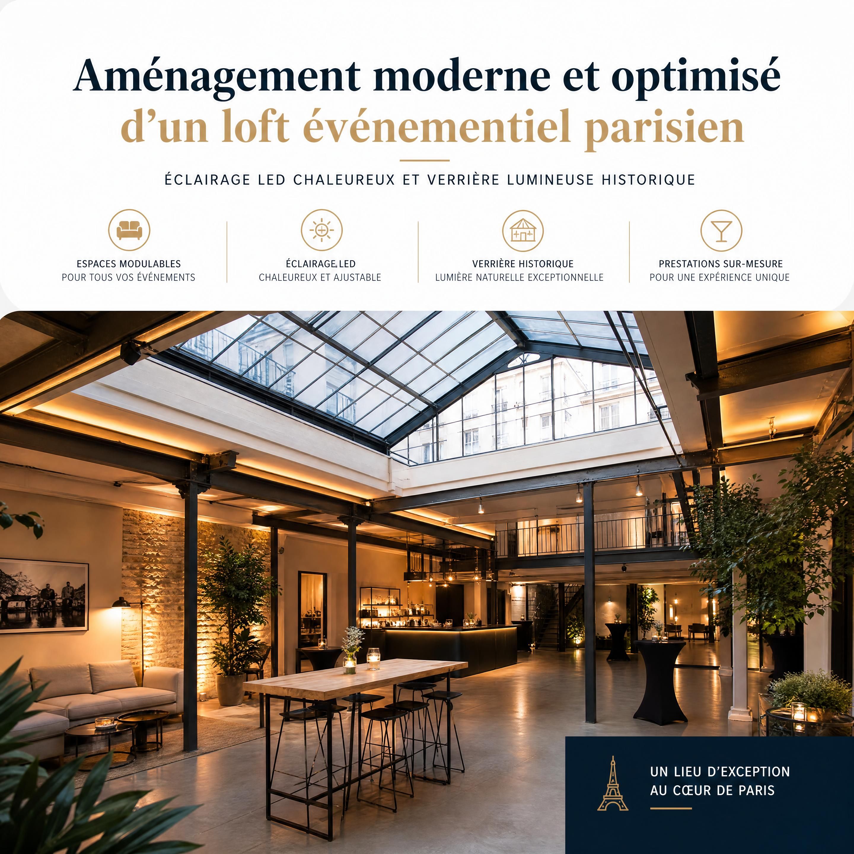 Aménagement moderne et optimisé d'un loft événementiel parisien avec éclairage LED chaleureux et verrière lumineuse historique