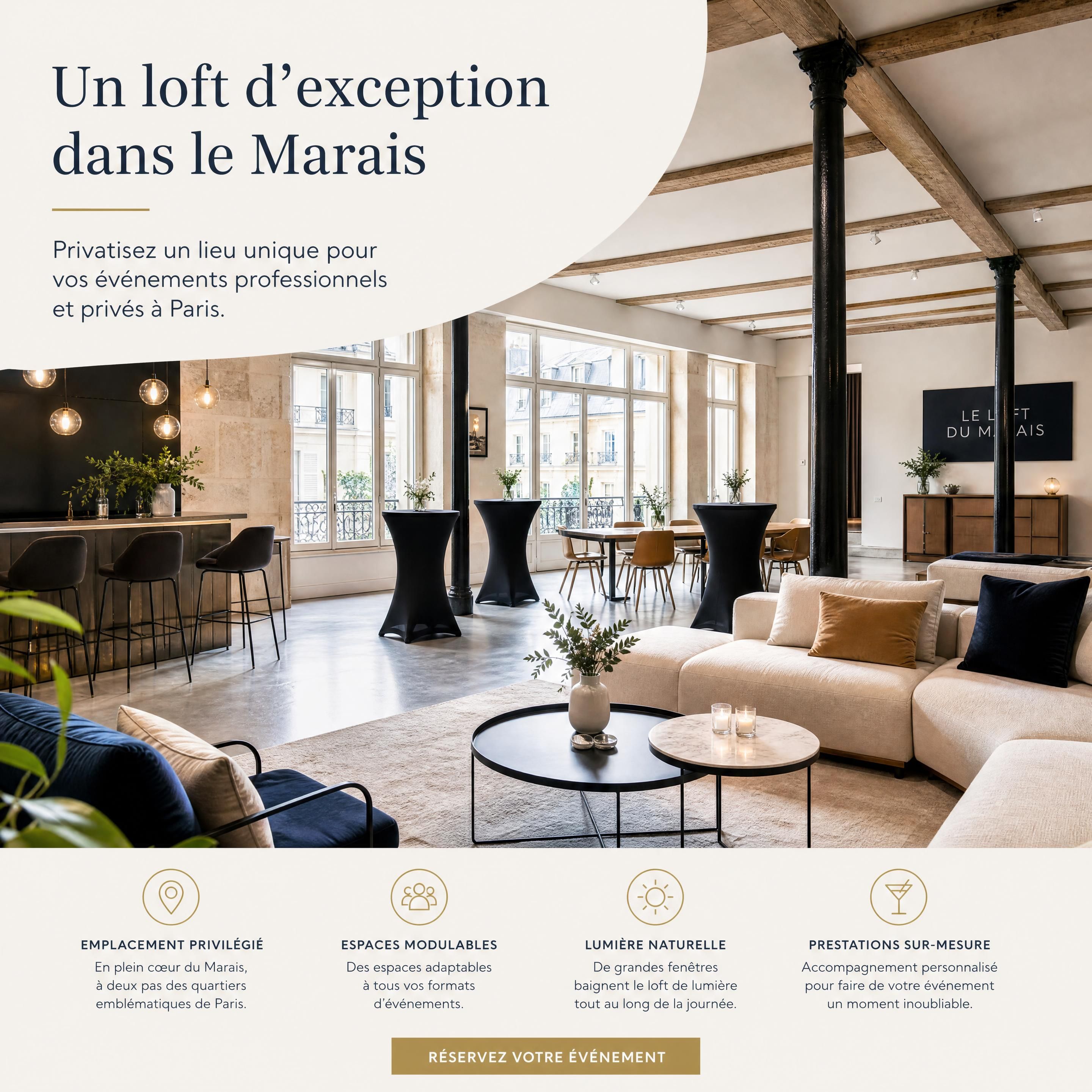 Aménagement moderne d'un loft événementiel privatisable dans le Marais à Paris avec lumière naturelle et mobilier élégant