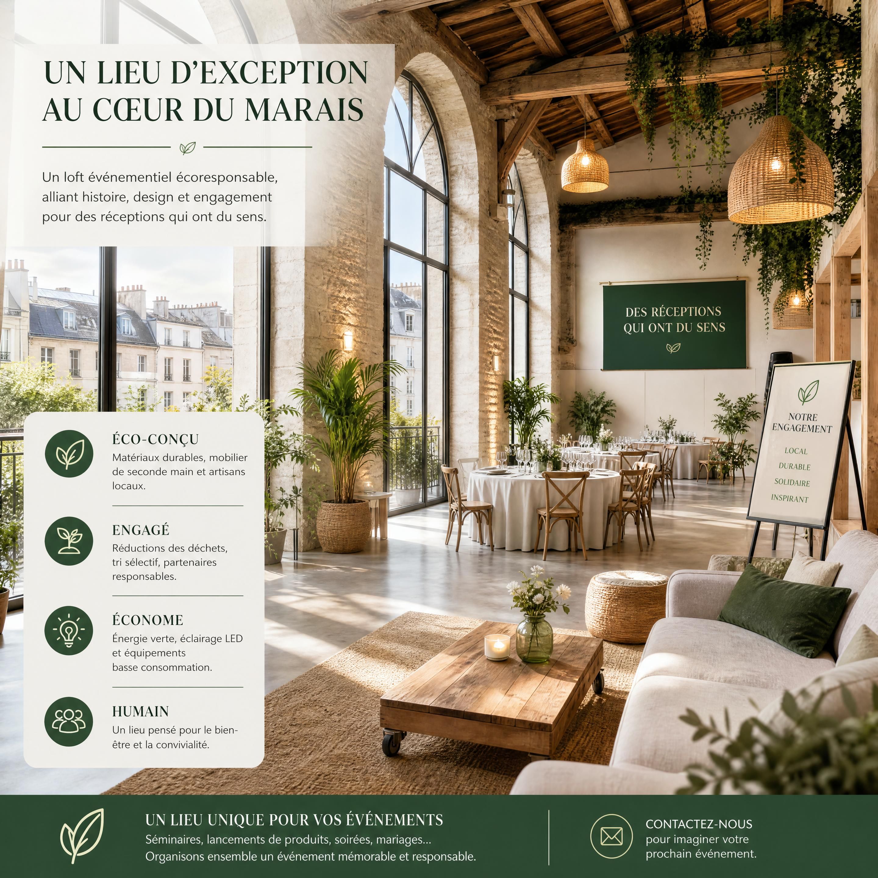 Un loft événementiel parisien écoresponsable baigné de lumière naturelle, alliant architecture historique du Marais et aménagement durable pour des réceptions engagées