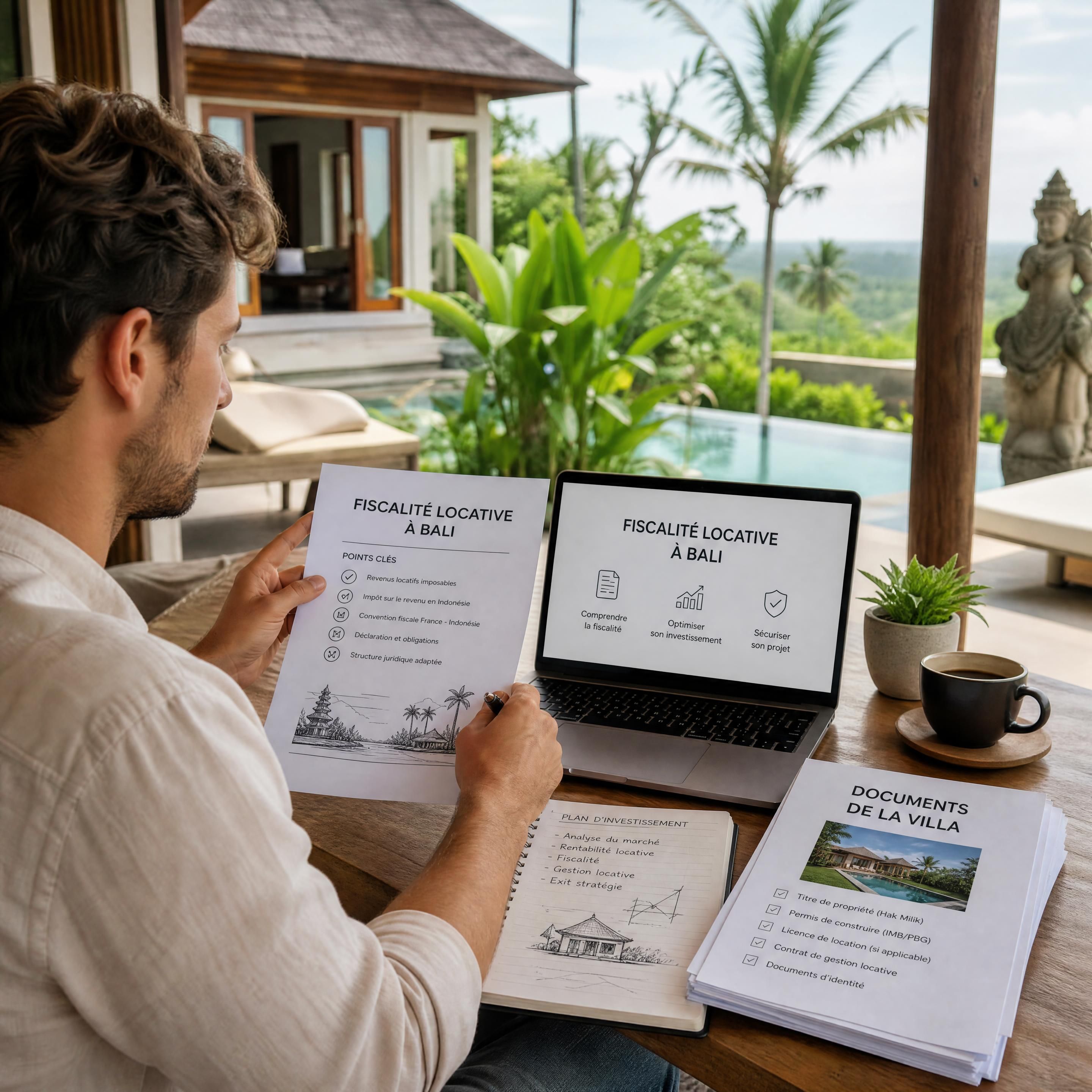 investisseur français à Bali étudiant la fiscalité locative et les documents d’une villa