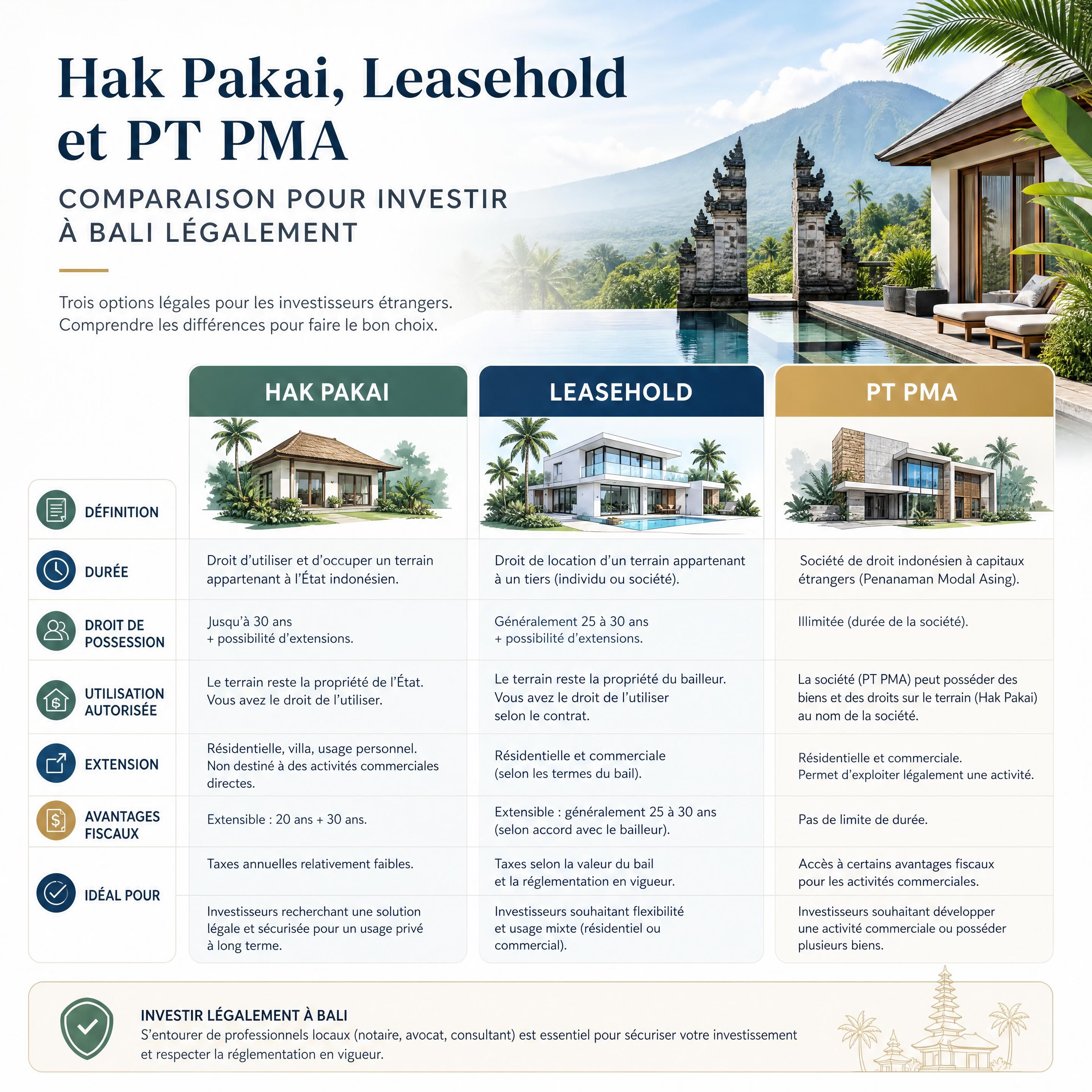 comparaison entre Hak Pakai, Leasehold et PT PMA pour investir à Bali légalement