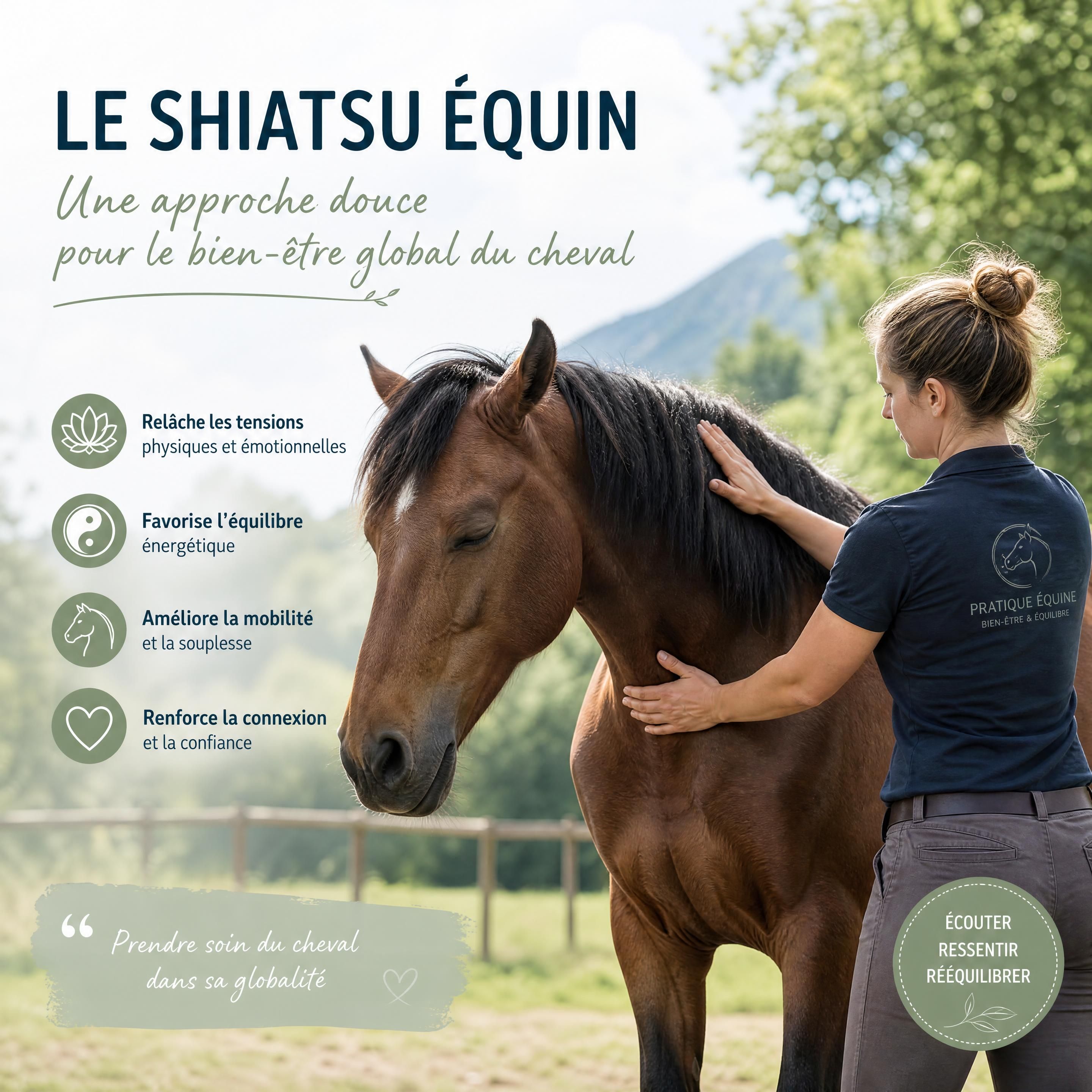 Cheval détendu pendant une séance de shiatsu équin dans un environnement naturel