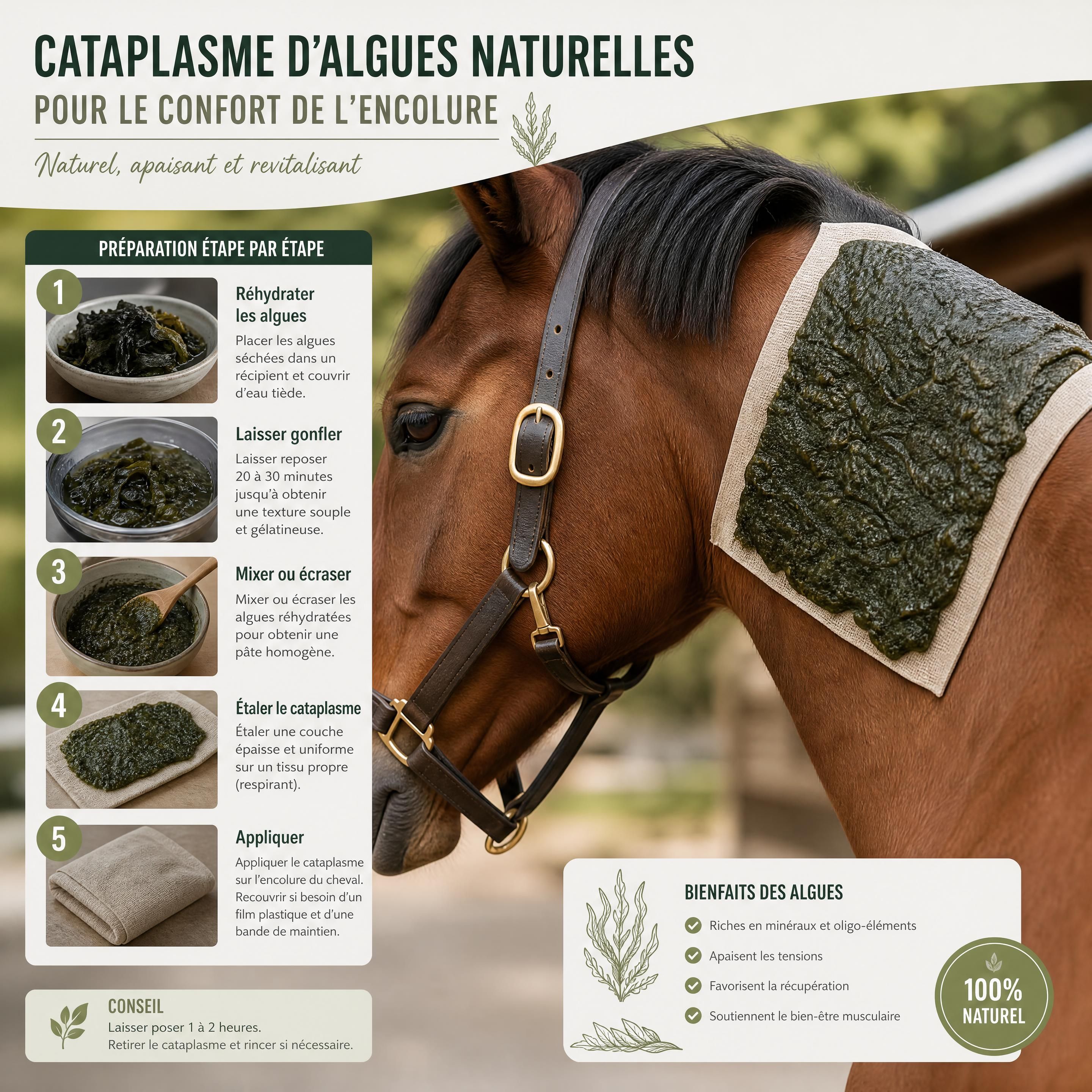 Préparation d’un cataplasme d’algues naturelles appliqué sur l’encolure d’un cheval