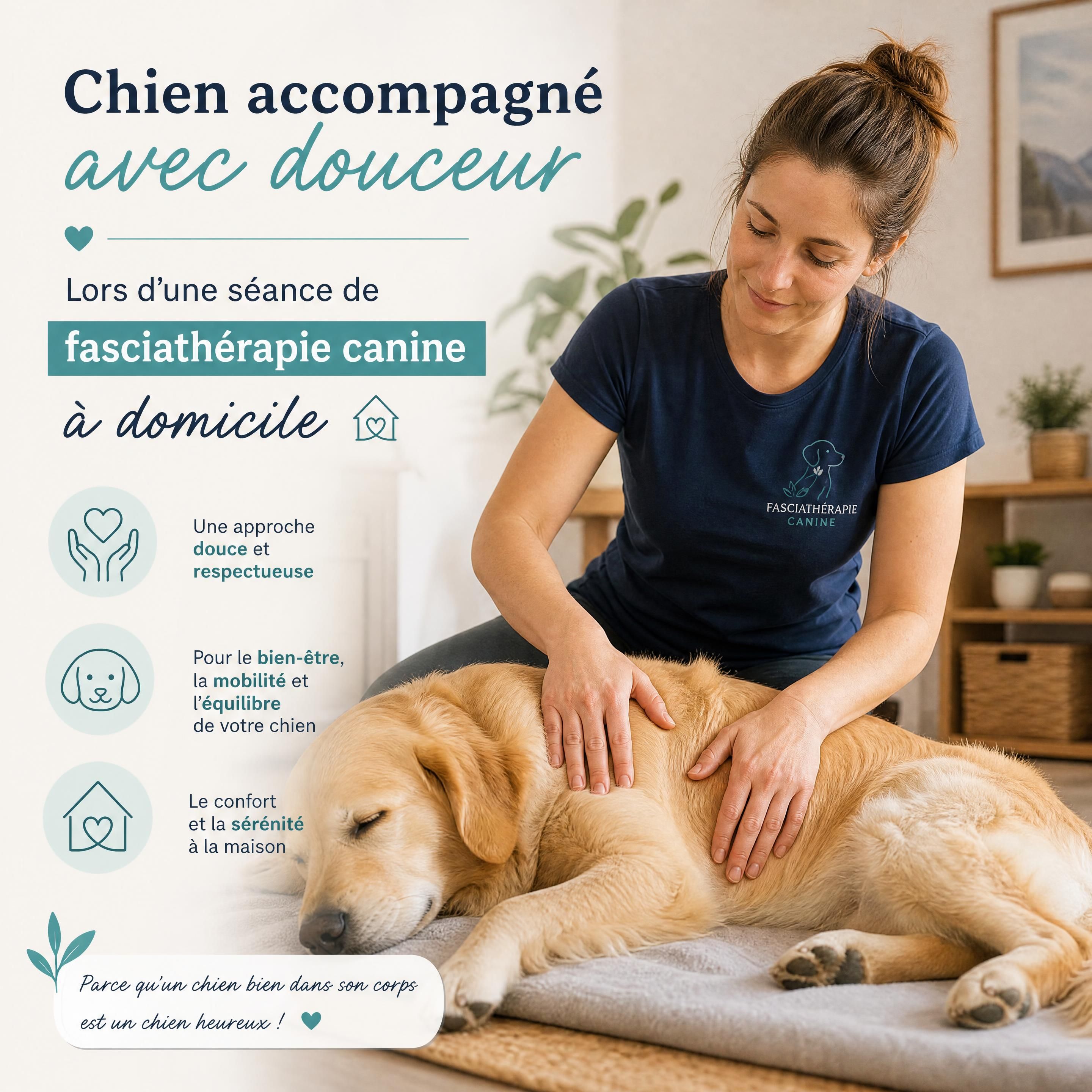 Chien accompagné avec douceur lors d’une séance de fasciathérapie canine à domicile