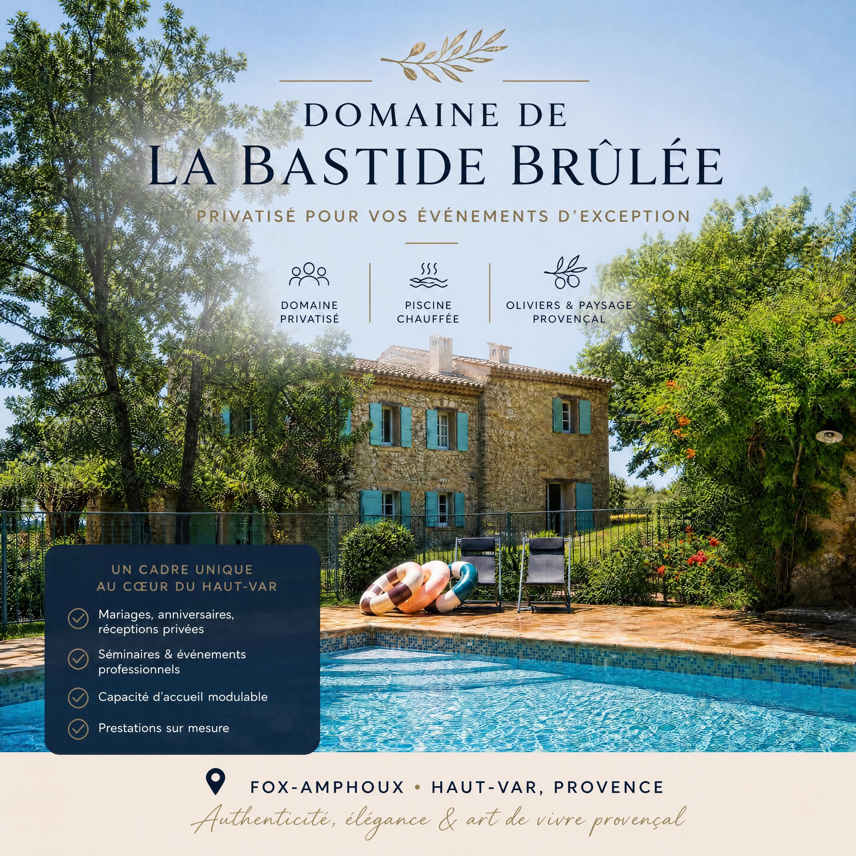 Domaine de la Bastide Brûlée privatisé avec piscine chauffée, oliviers et paysage provençal du Haut-Var