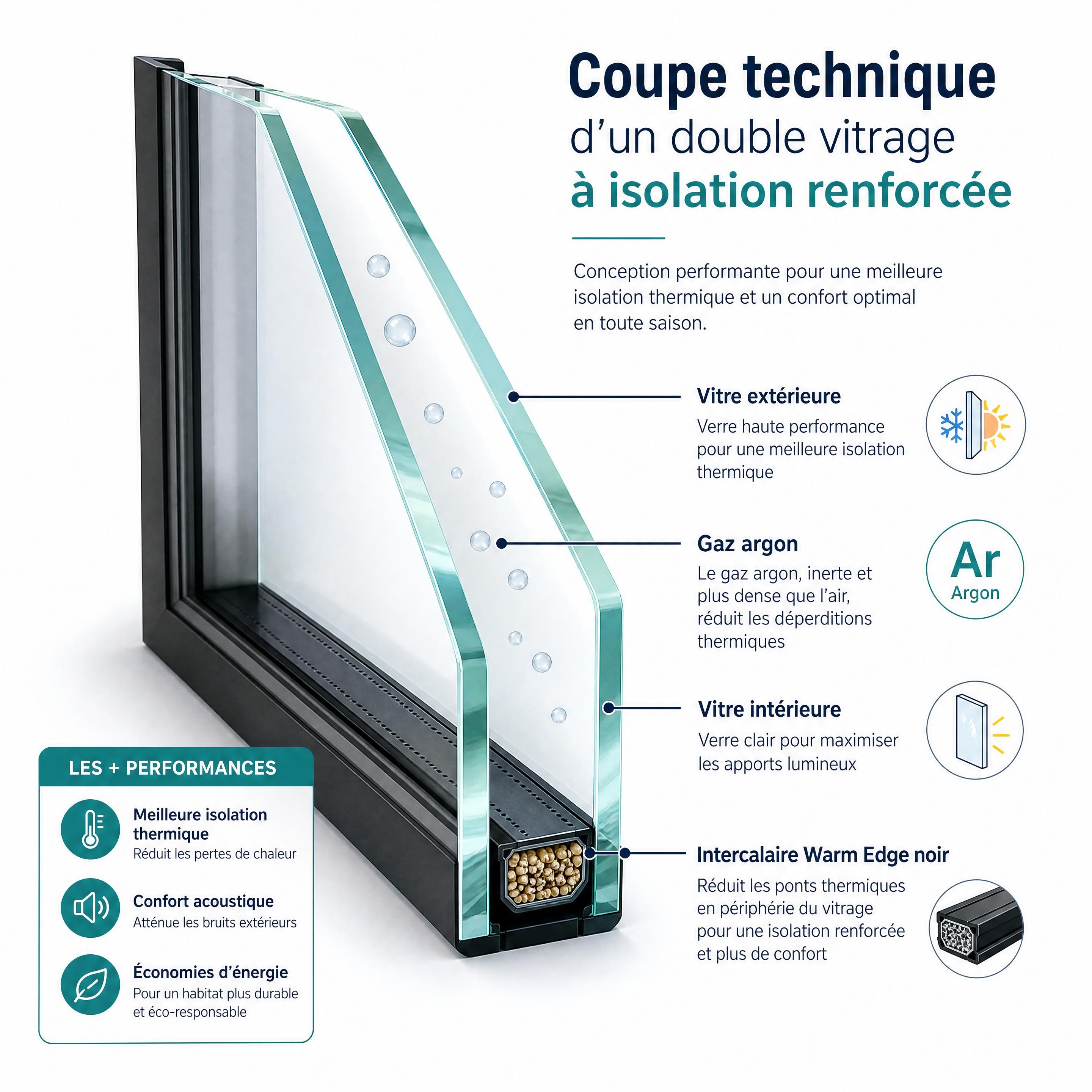 Coupe technique d'un double vitrage &agrave; isolation renforc&eacute;e montrant l'intercalaire Warm Edge noir et le gaz argon entre les vitres