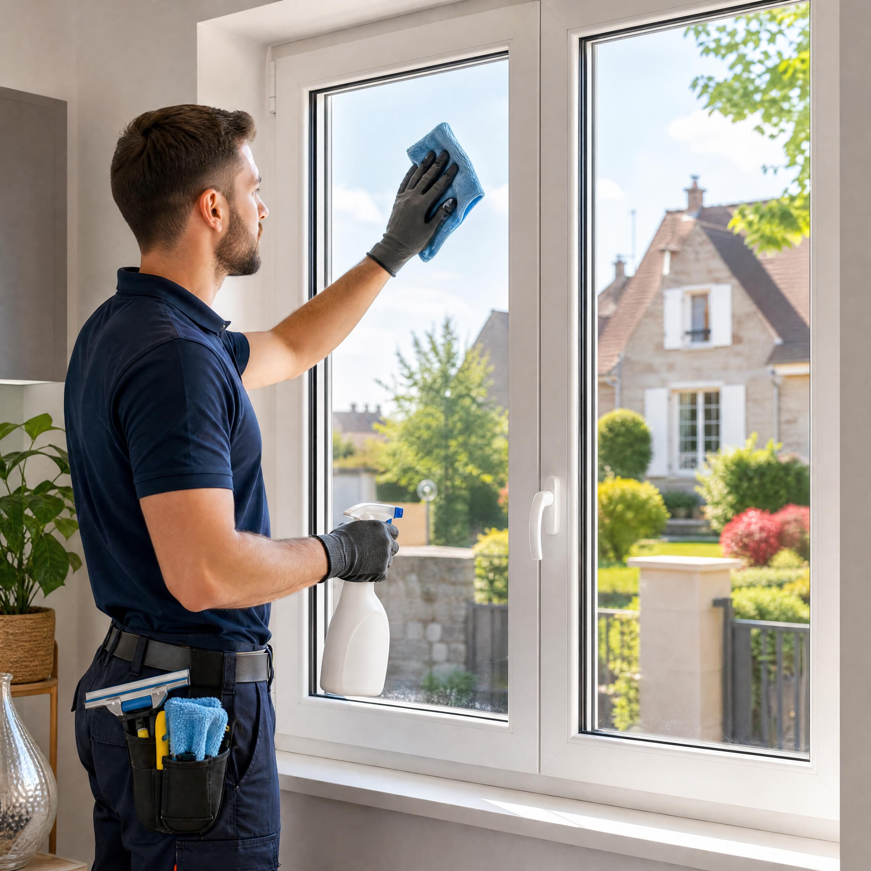 Technicien nettoyant une fen&ecirc;tre PVC dans une maison en Essonne, sans d&eacute;montage ni texte