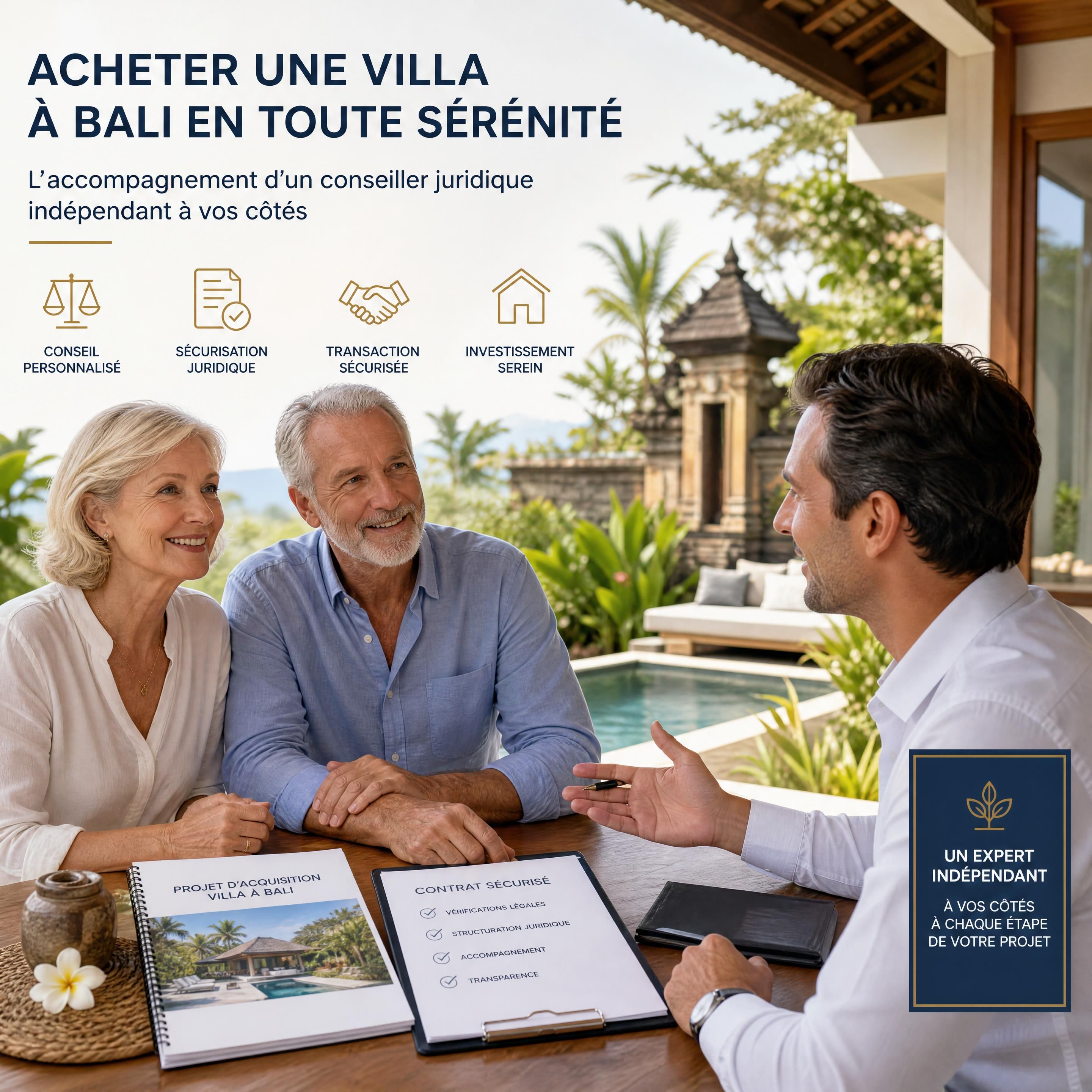 Couple senior français visitant une villa à Bali avec un conseiller juridique indépendant
