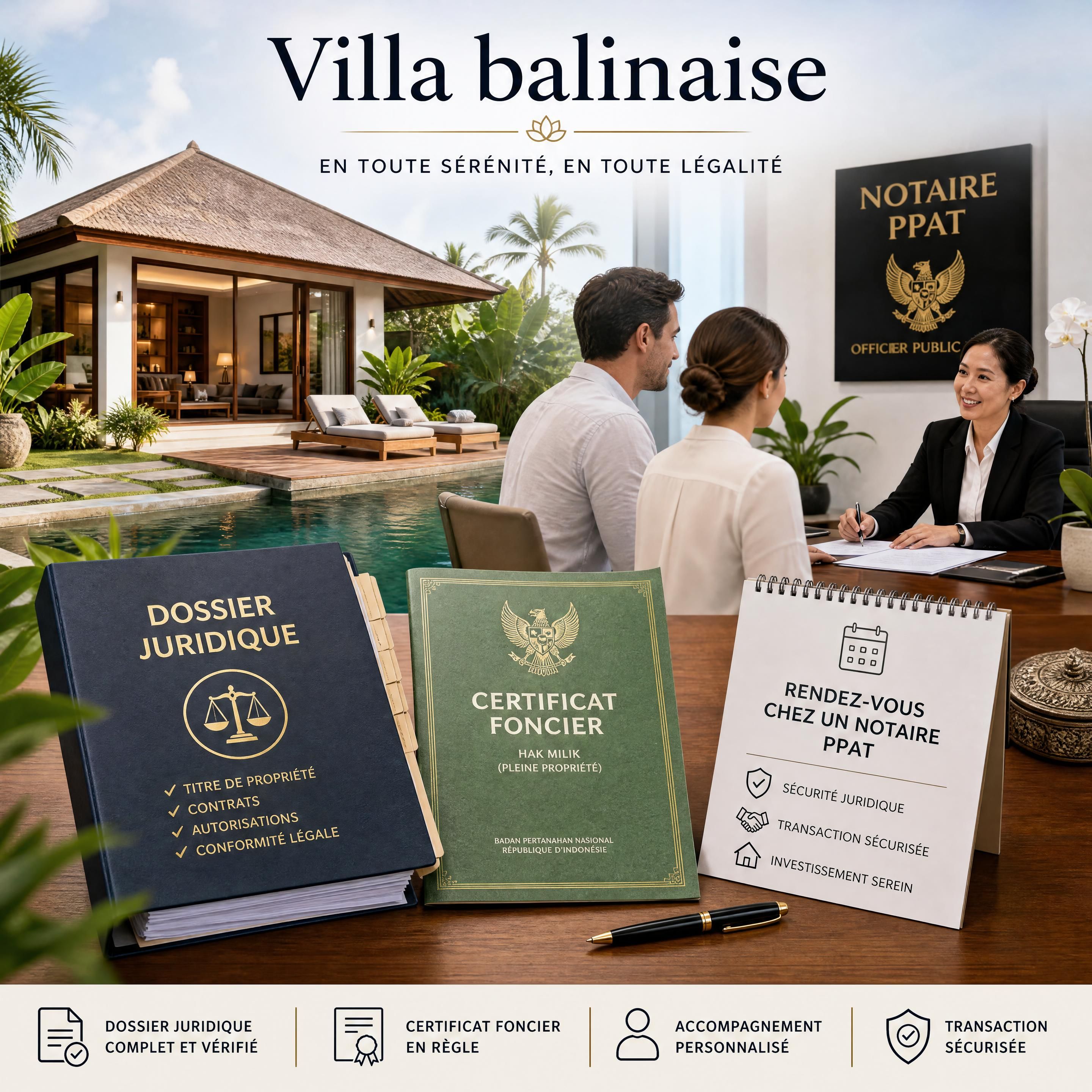 Villa balinaise avec dossier juridique, certificat foncier et rendez-vous chez un notaire PPAT