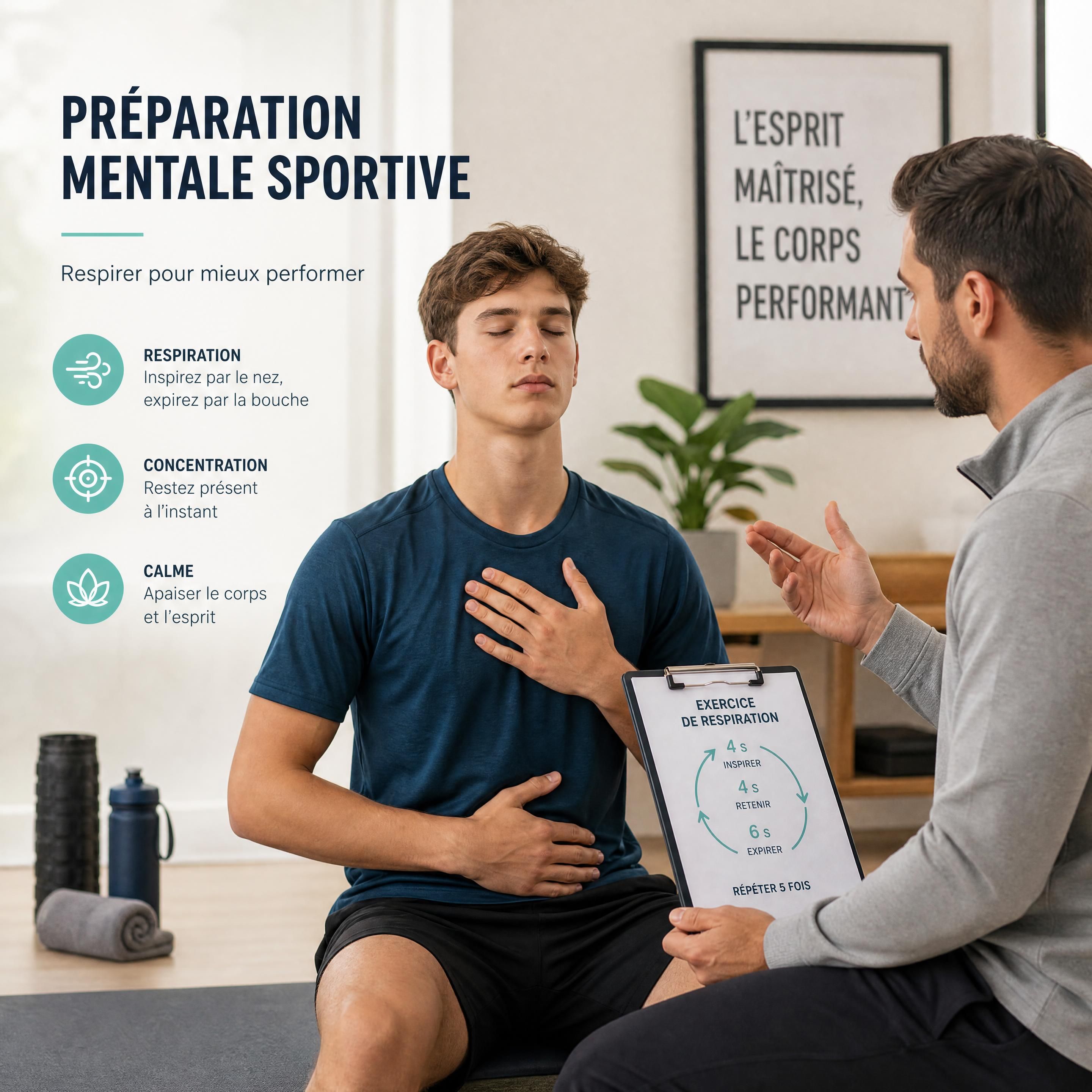 Jeune sportif accompagné par un professionnel en préparation mentale sportive lors d’un exercice de respiration