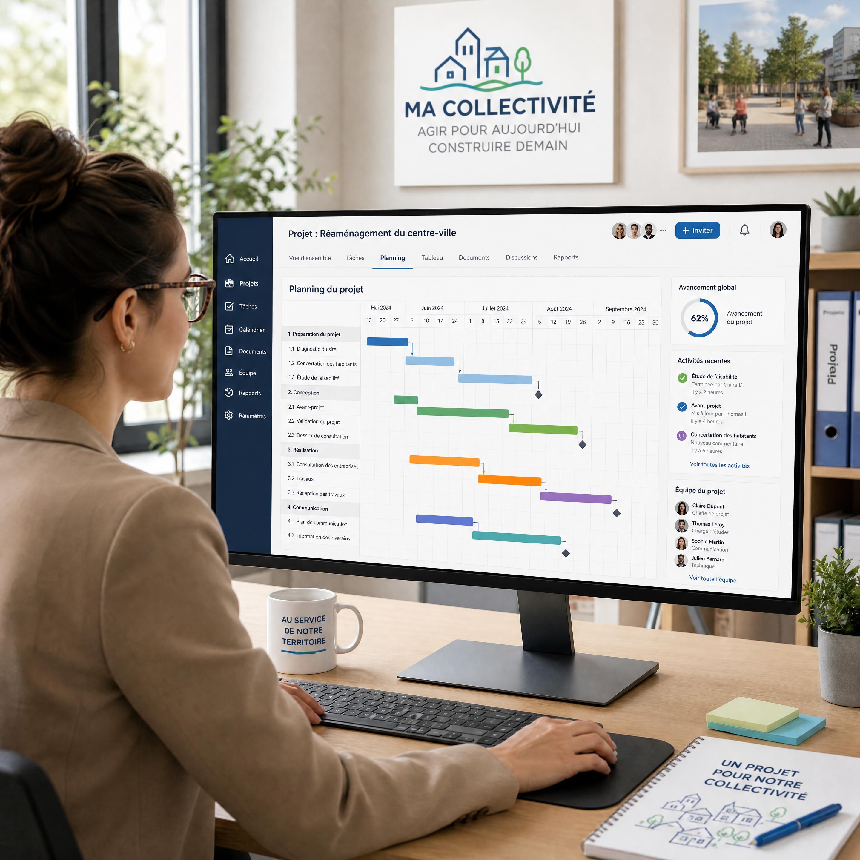 Fonctionnaire territorial planifiant un projet de collectivité sur un logiciel projet collaboratif