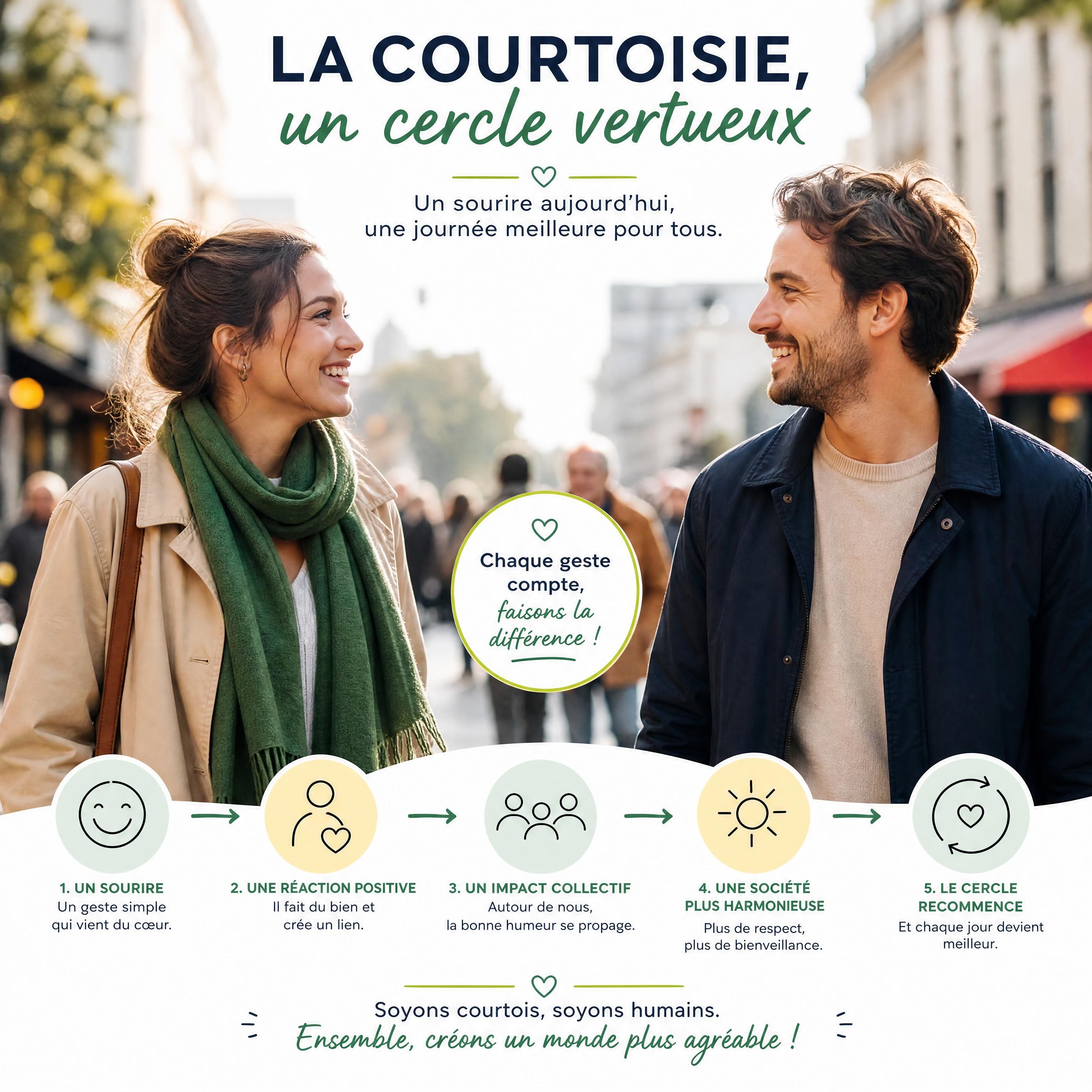 Un sourire partagé entre deux passants dans une rue animée, illustrant le cercle vertueux de la courtoisie