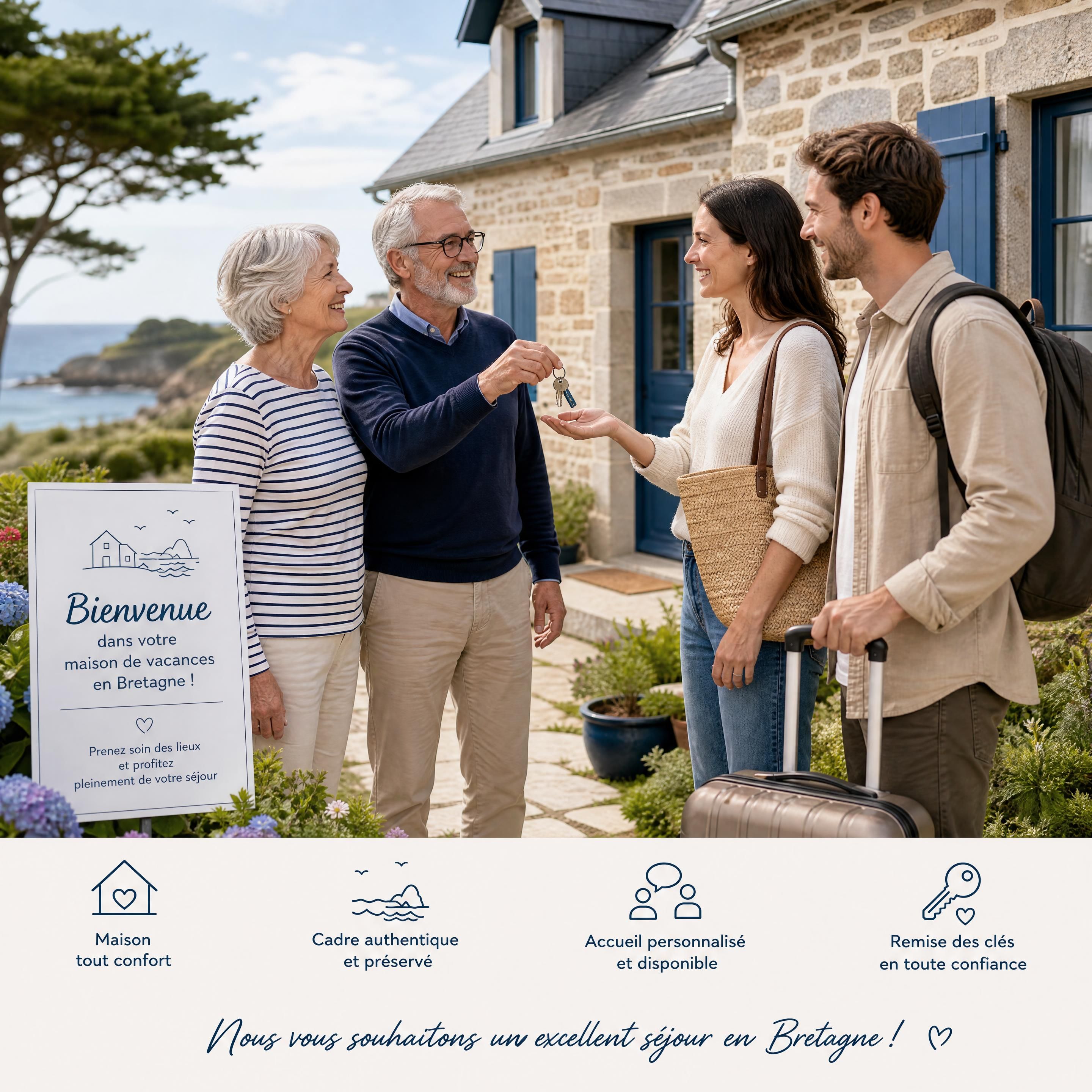 maison de vacances en Bretagne accueillant un couple de propriétaires seniors et des voyageurs lors de la remise des clés