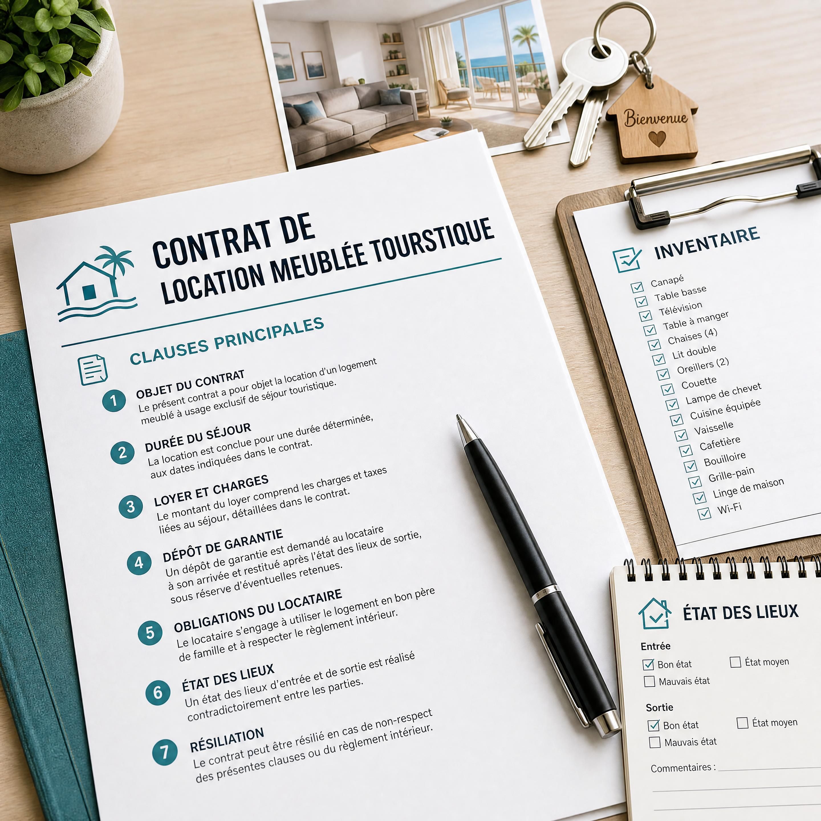 tableau imprimé des clauses contrat location meublée touristique avec stylo, inventaire et état des lieux