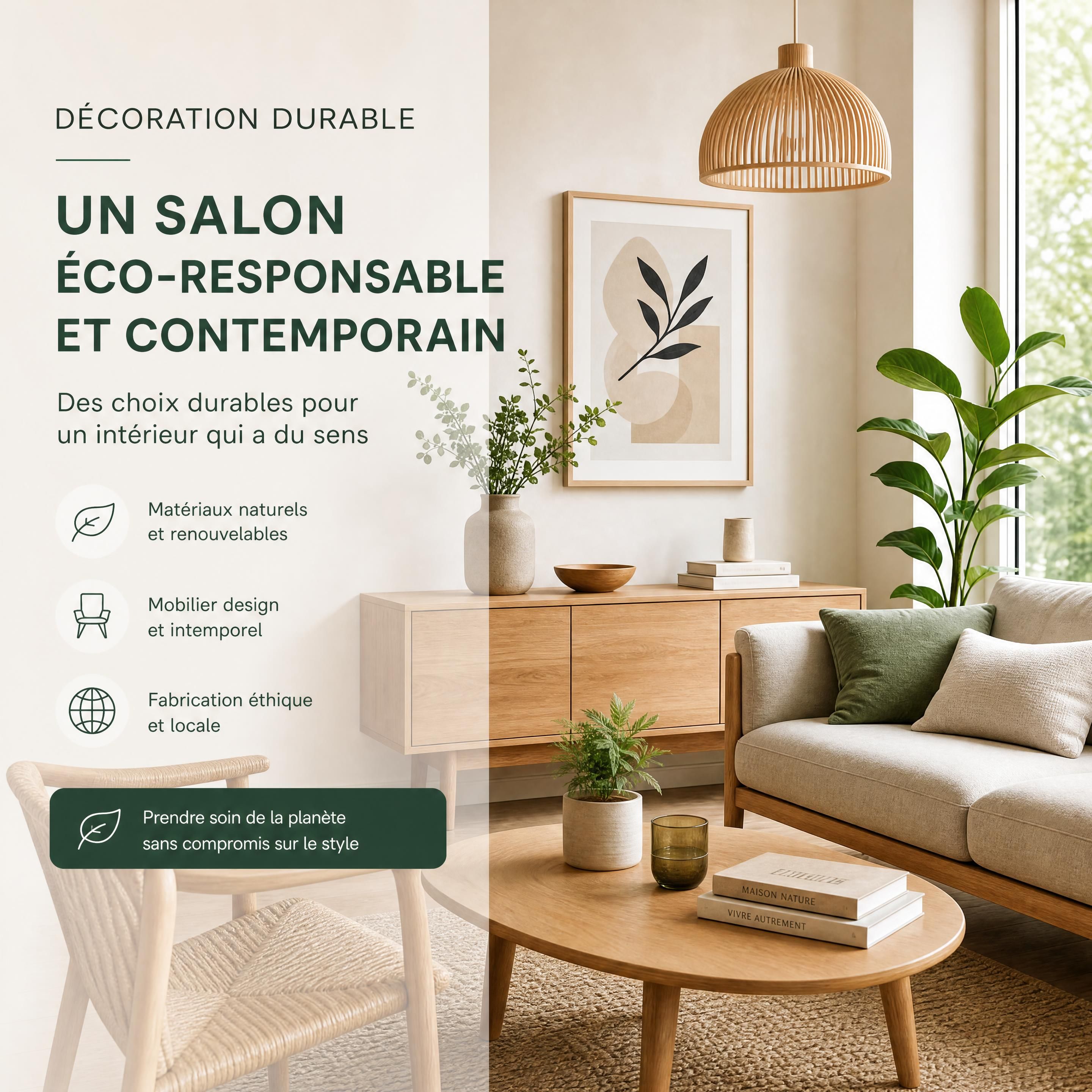 Salon contemporain avec mobilier scandinave haut de gamme en bois clair, textiles naturels et pièces de design éco-responsables