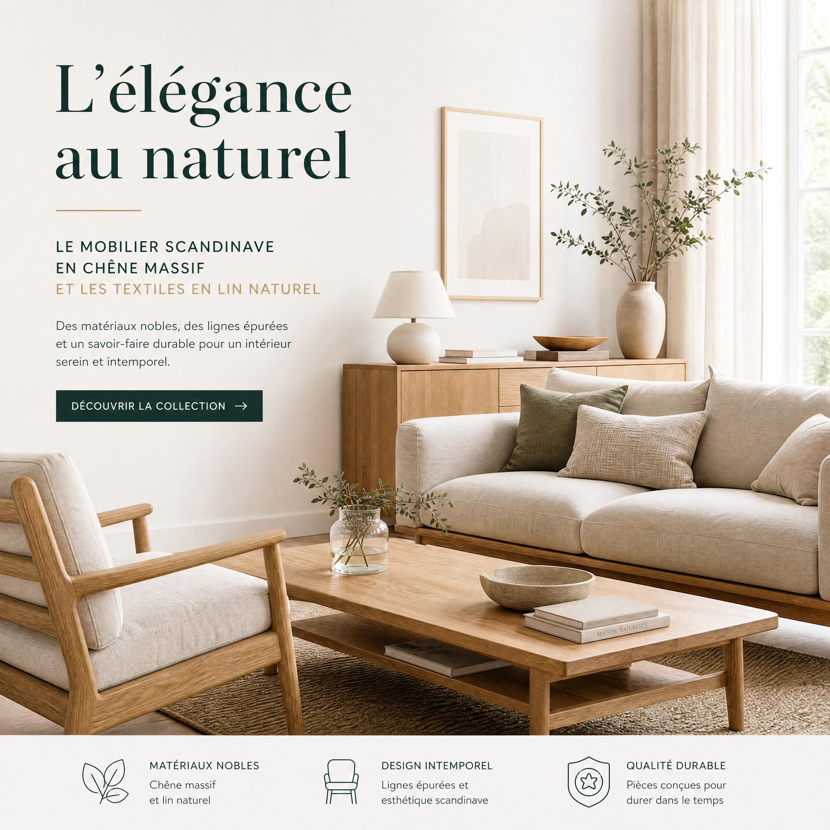 Salon élégant et épuré mettant en valeur un mobilier scandinave haut de gamme en chêne massif et des textiles en lin naturel