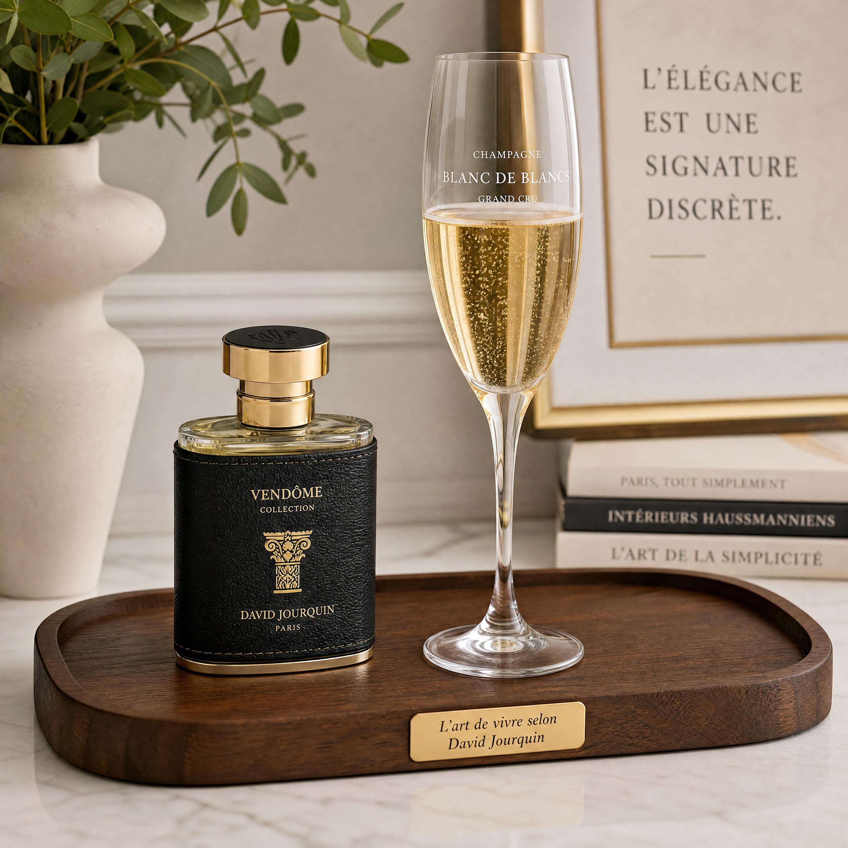 L'art de vivre selon David Jourquin : un flacon de parfum gainé de cuir de la collection Vendôme reposant à côté d'une flûte de Champagne Blanc de Blancs sur un plateau en bois de noyer massif