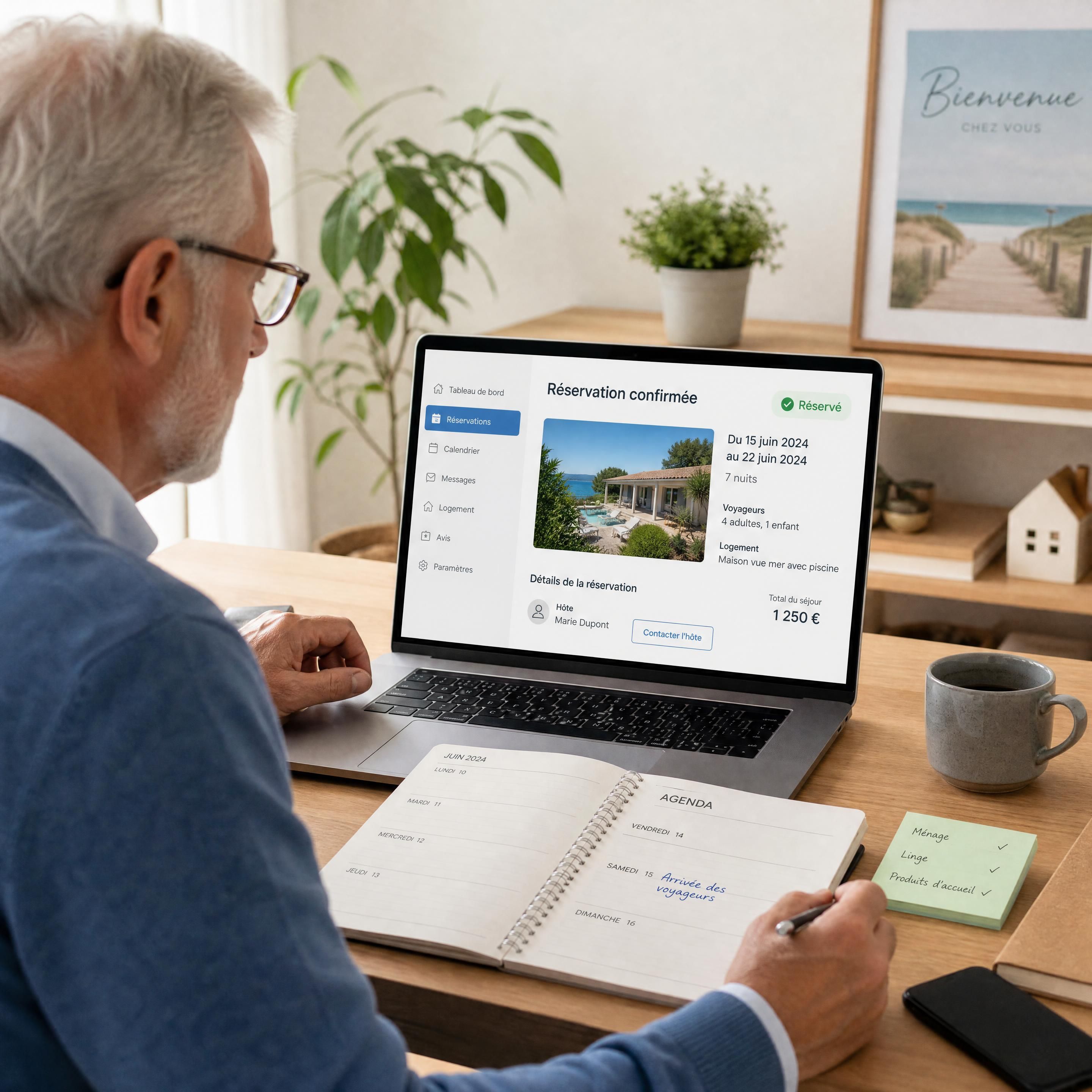 Propriétaire senior consultant une réservation de location saisonnière sur un ordinateur portable avec un agenda papier