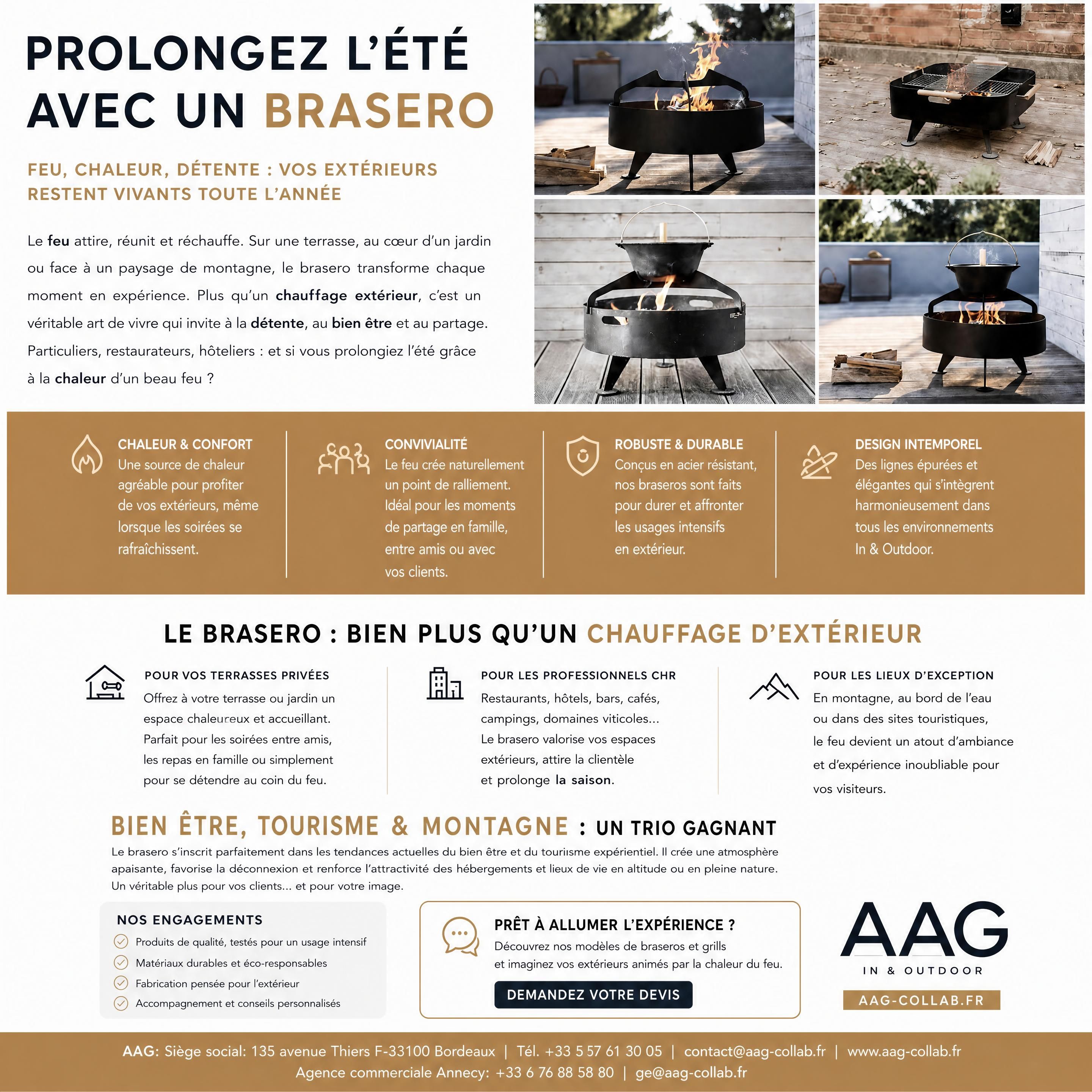 Brasero design allumé sur une terrasse extérieure accueillante avec fauteuils, tables et convives profitant d’une soirée chaleureuse