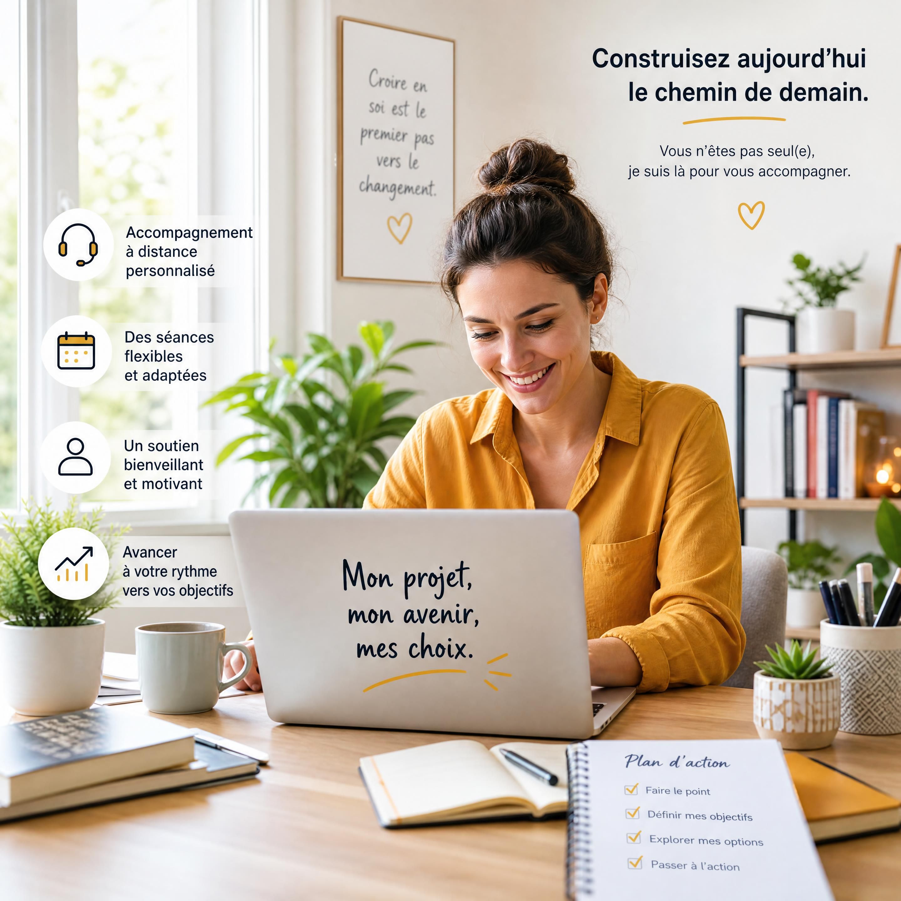 Une personne épanouie travaillant sur son projet professionnel depuis un espace de travail confortable et lumineux, symbolisant l'accompagnement à distance.