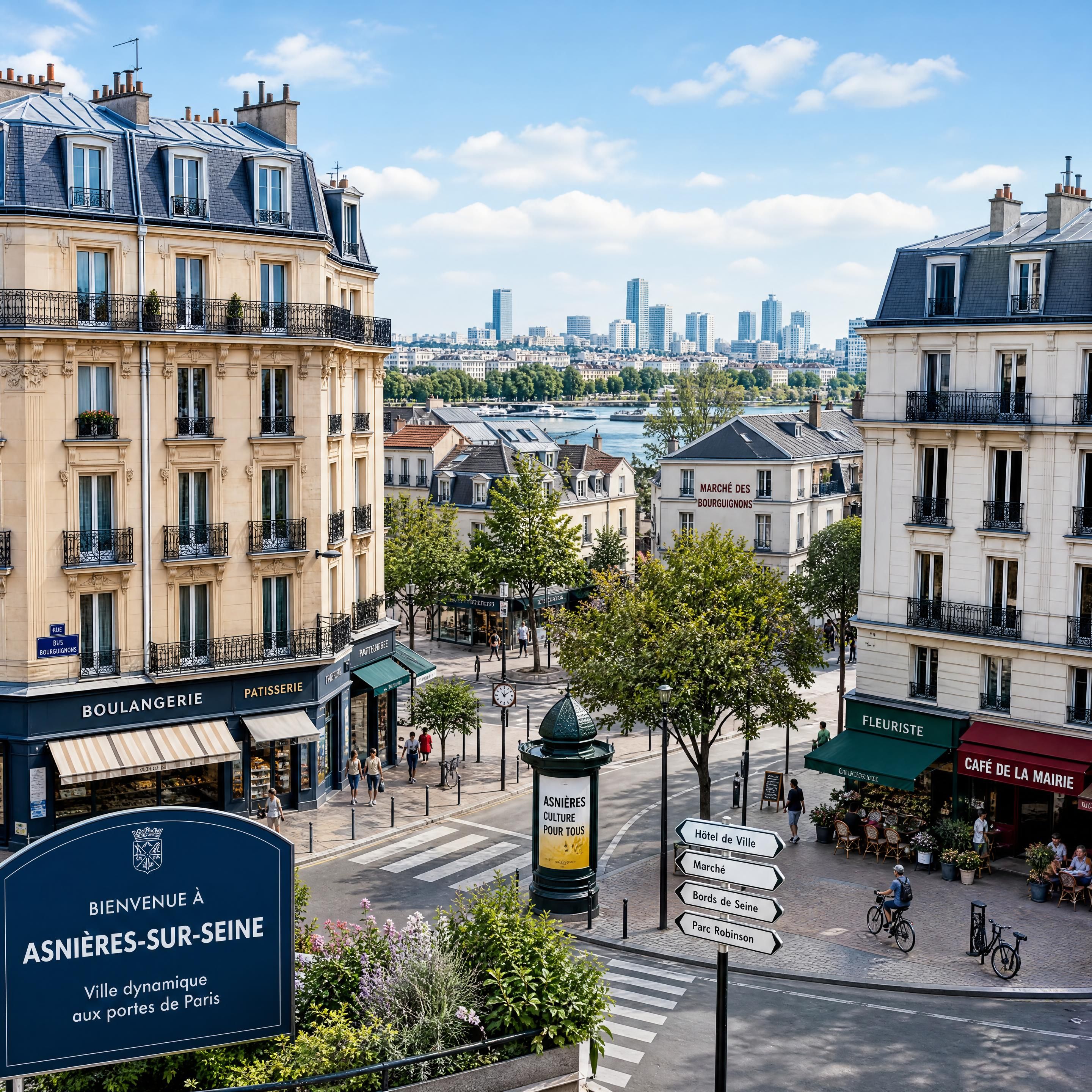 Vue panoramique du centre-ville d'Asnières-sur-Seine avec ses immeubles haussmanniens et ses commerces de proximité