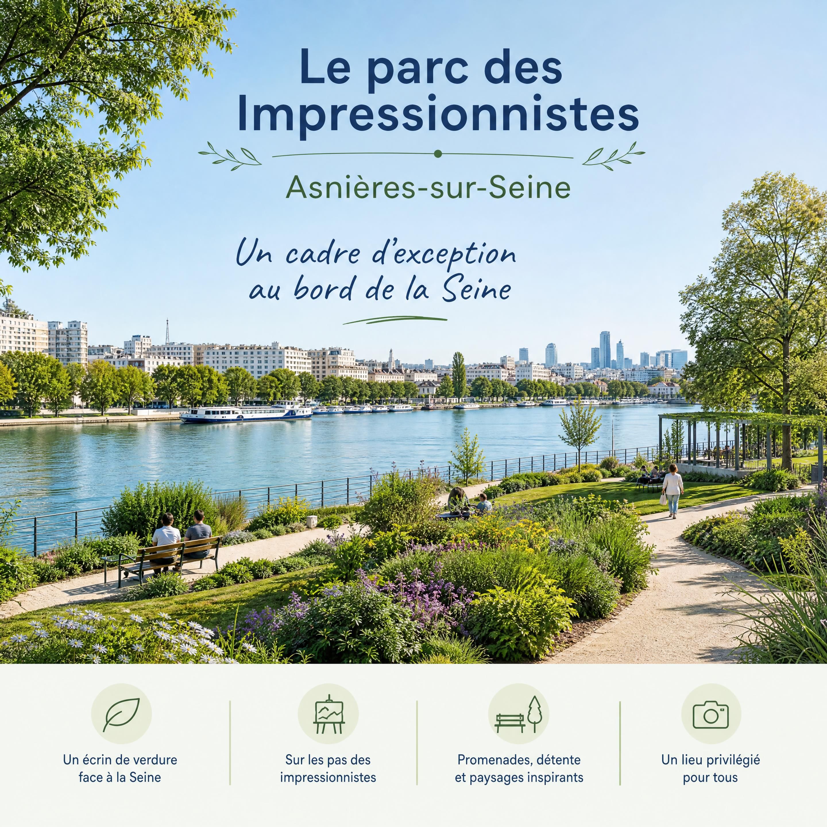 Vue panoramique du parc des Impressionnistes à Asnières-sur-Seine avec les bords de Seine en arrière-plan