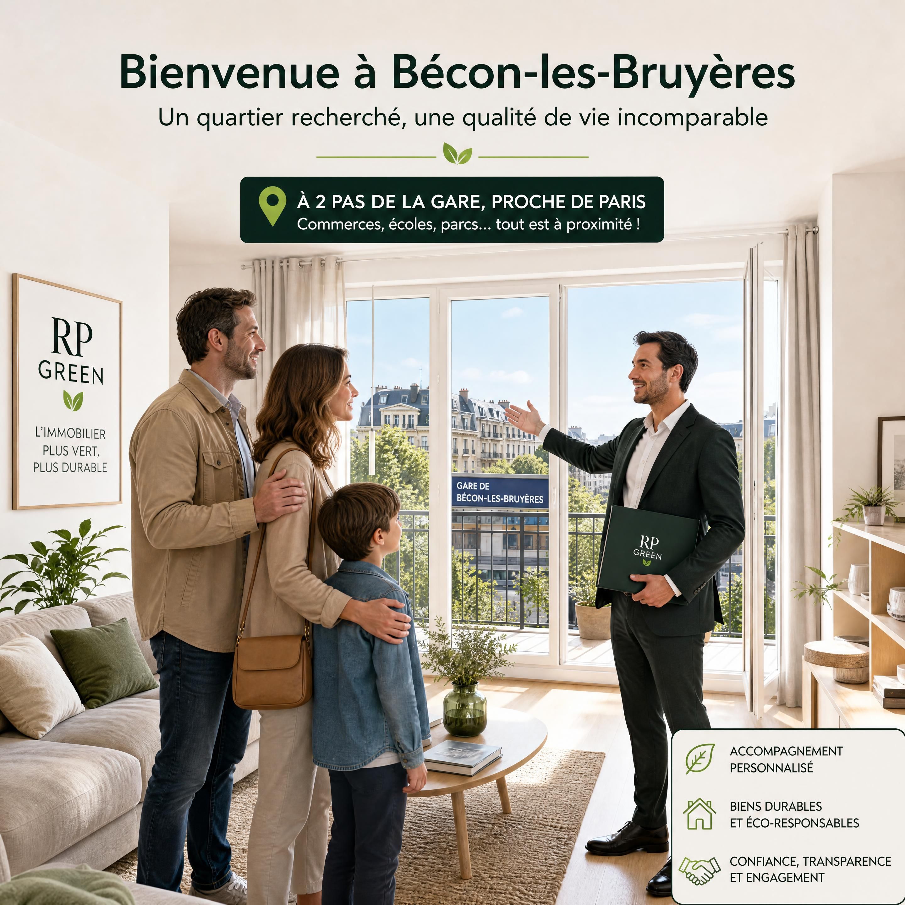Famille visitant un appartement lumineux dans le quartier de Bécon-les-Bruyères avec un conseiller de l'agence RP Green