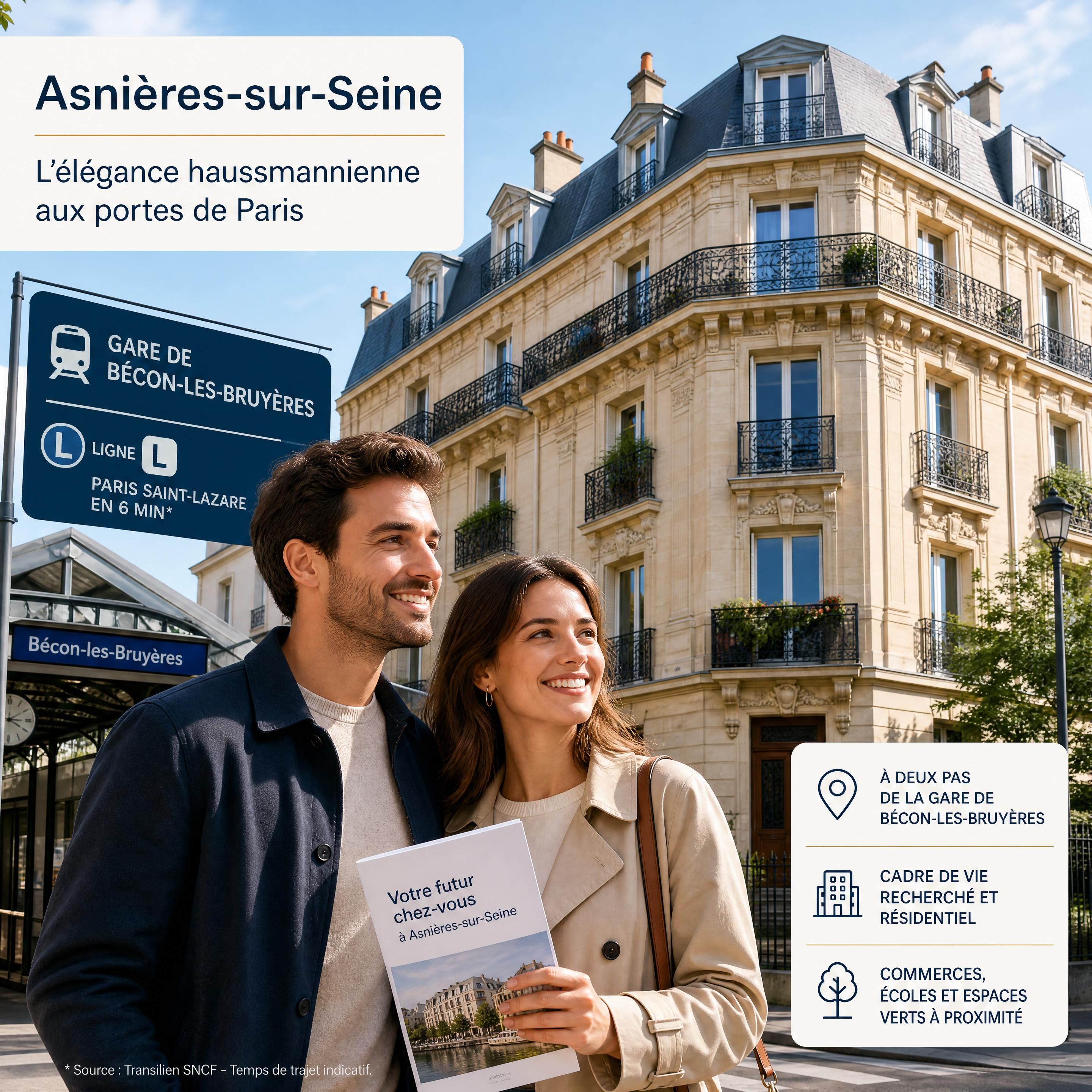 Un couple d'acheteurs souriants devant un immeuble haussmannien en pierre de taille à Asnières-sur-Seine, à proximité de la gare de Bécon-les-Bruyères