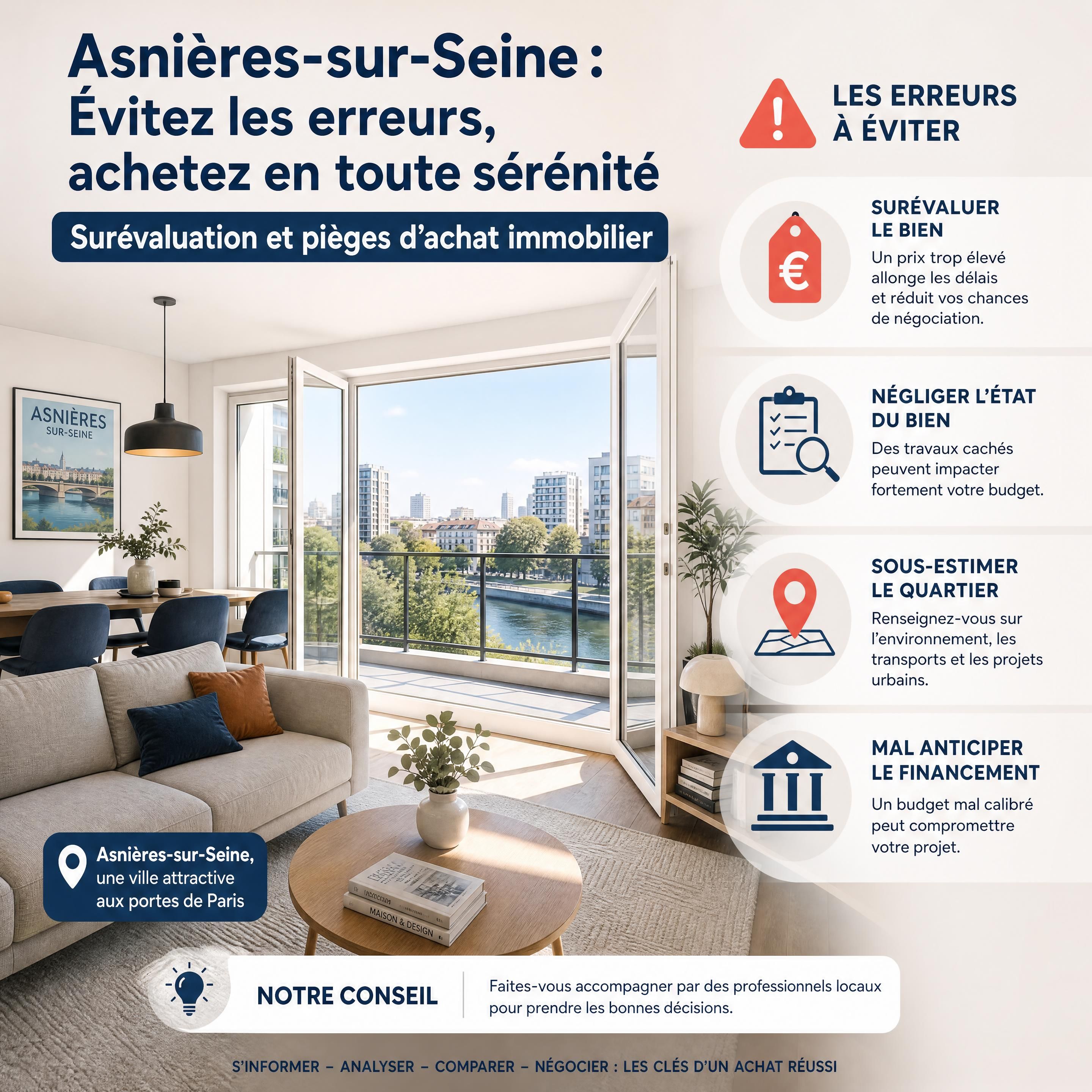 Un appartement moderne et lumineux à Asnières-sur-Seine, illustrant les erreurs de surévaluation et les pièges d'achat immobilier