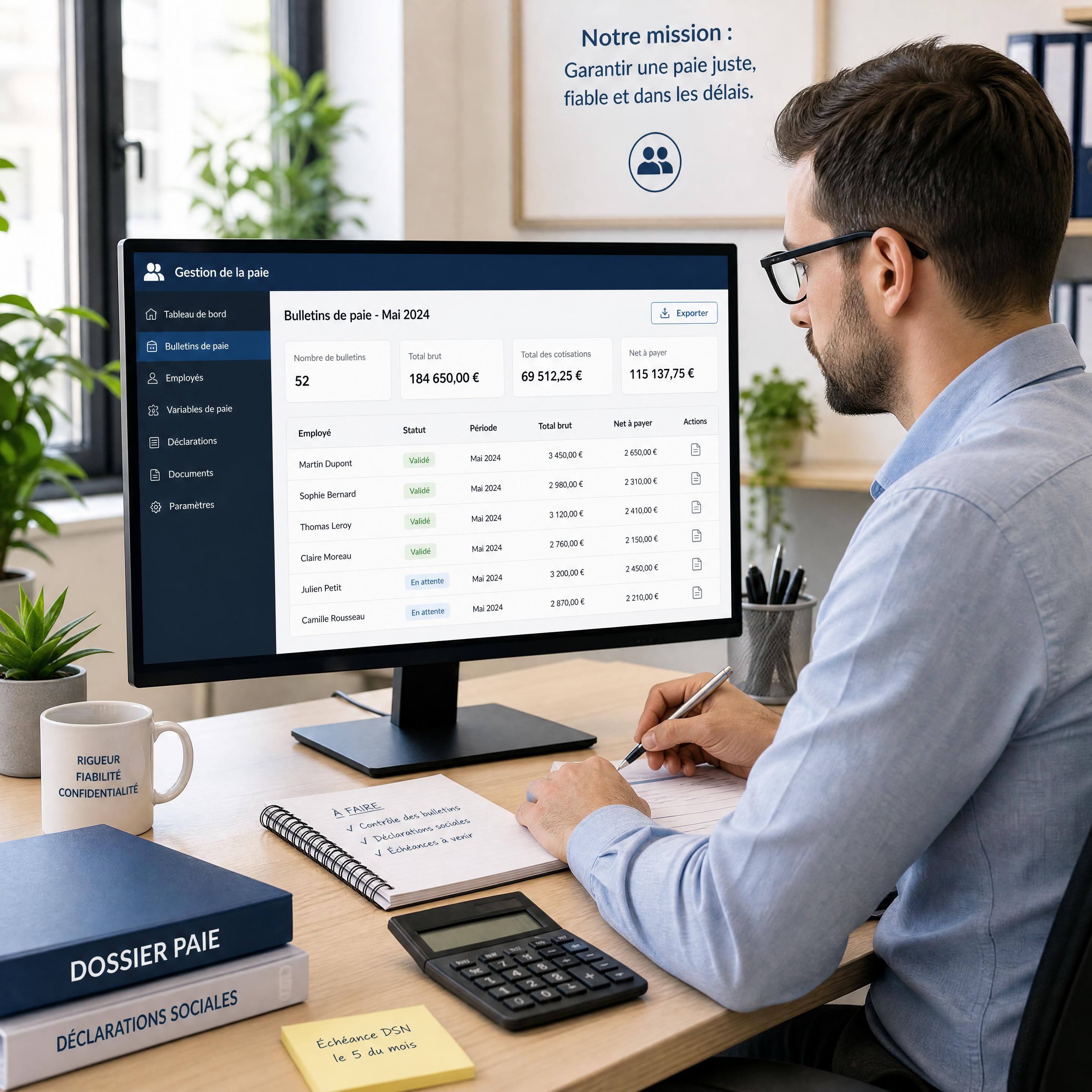 Un gestionnaire de paie concentré analysant des bulletins de salaire sur son ordinateur dans un bureau lumineux