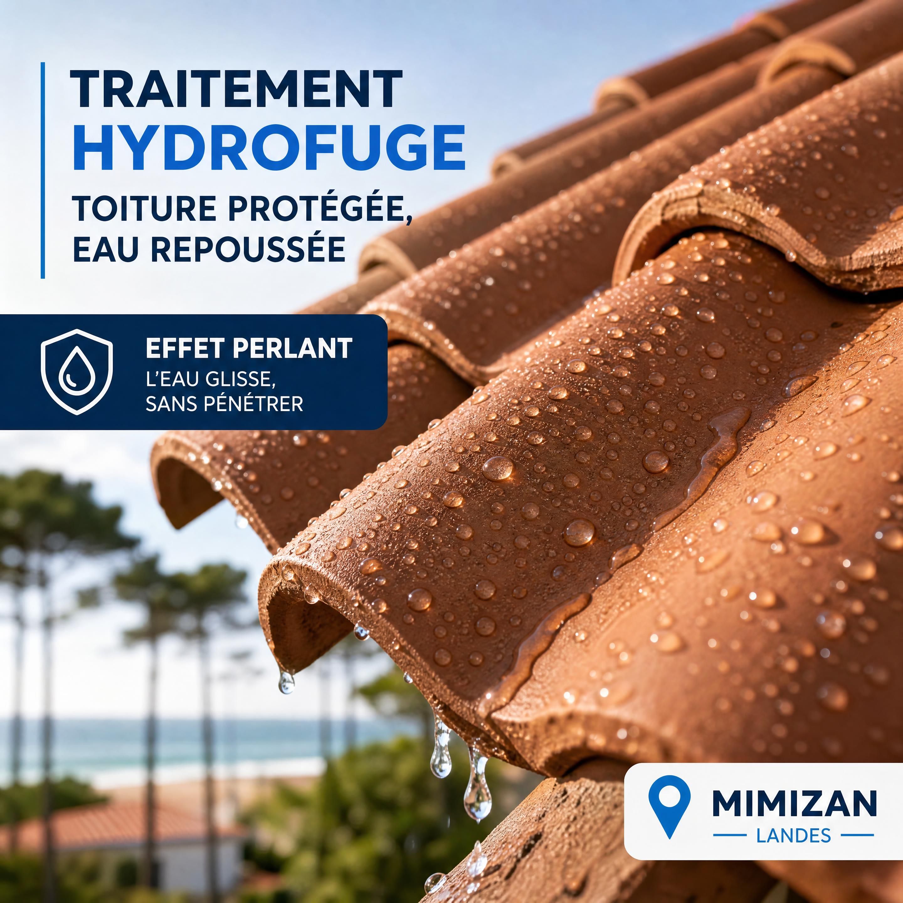 Gros plan sur des tuiles traitées à l'hydrofuge, l'eau de pluie perlant en surface — Mimizan — Olivier Roussel, conseiller immobilier IAD France à Mimizan (Landes, 40)
