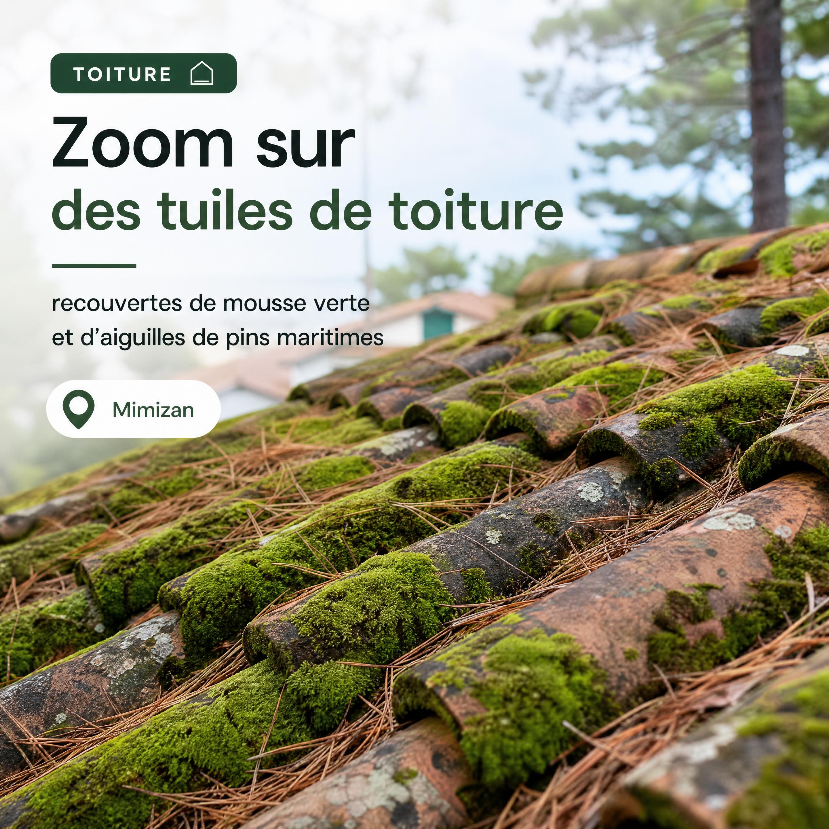 Tuiles recouvertes de mousse verte et d'aiguilles de pins maritimes sous l'humidité océanique — Mimizan — Olivier Roussel, conseiller immobilier IAD France à Mimizan (Landes, 40)