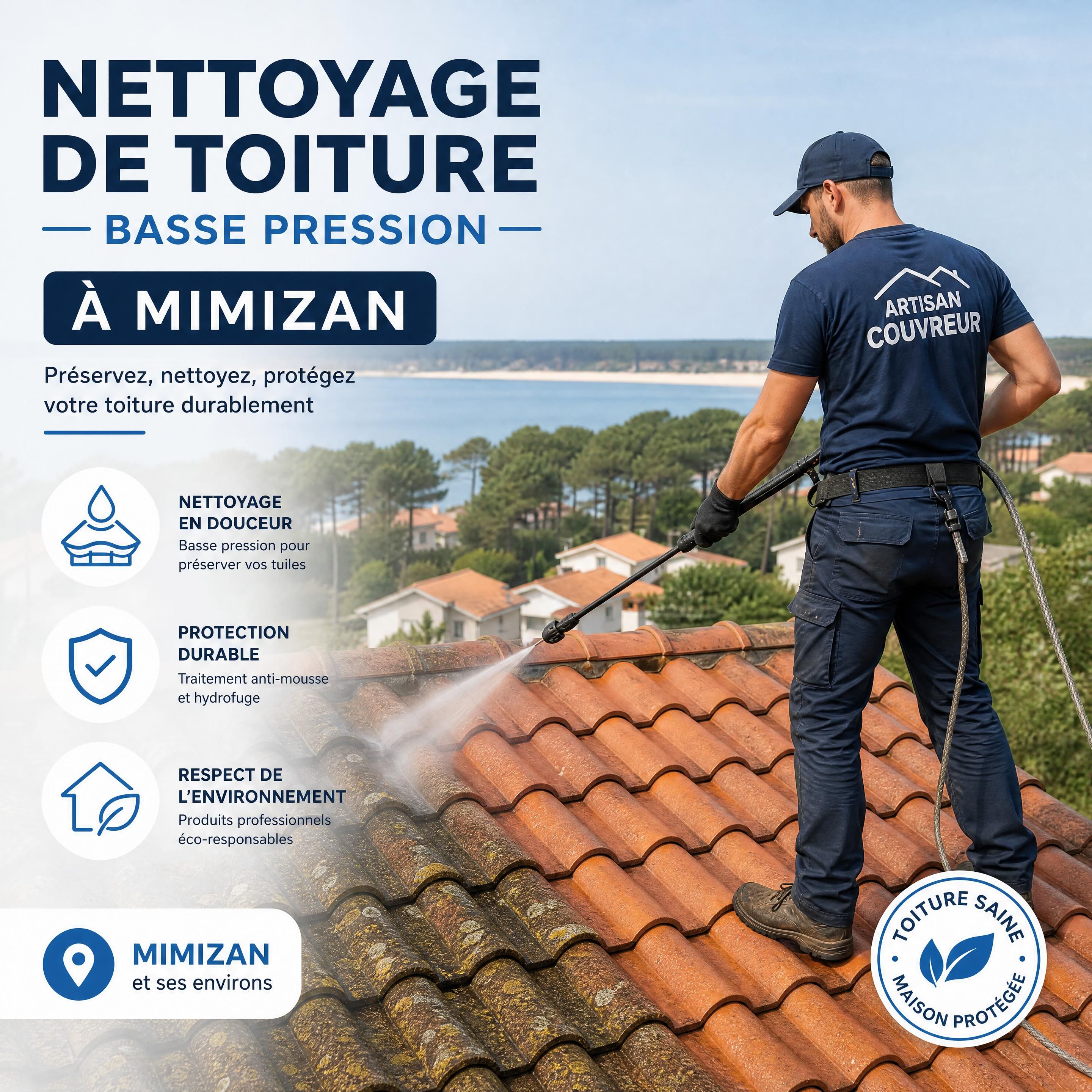 Artisan appliquant un traitement de démoussage basse pression sur une toiture en tuiles — Mimizan — Olivier Roussel, conseiller immobilier IAD France à Mimizan (Landes, 40)