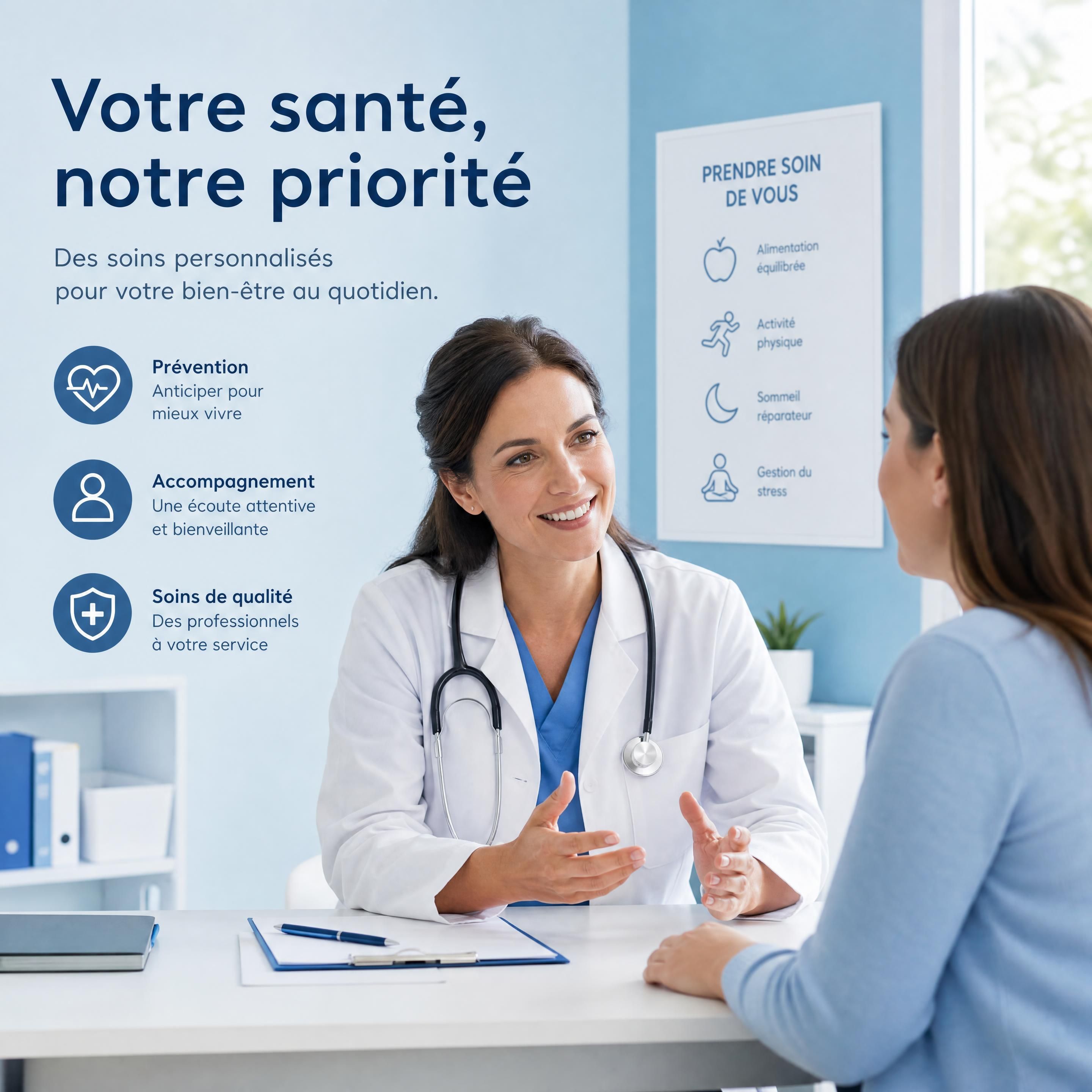 Infirmière, médecin et aide-soignante pratiquant un exercice de respiration et de sophrologie dans un environnement hospitalier