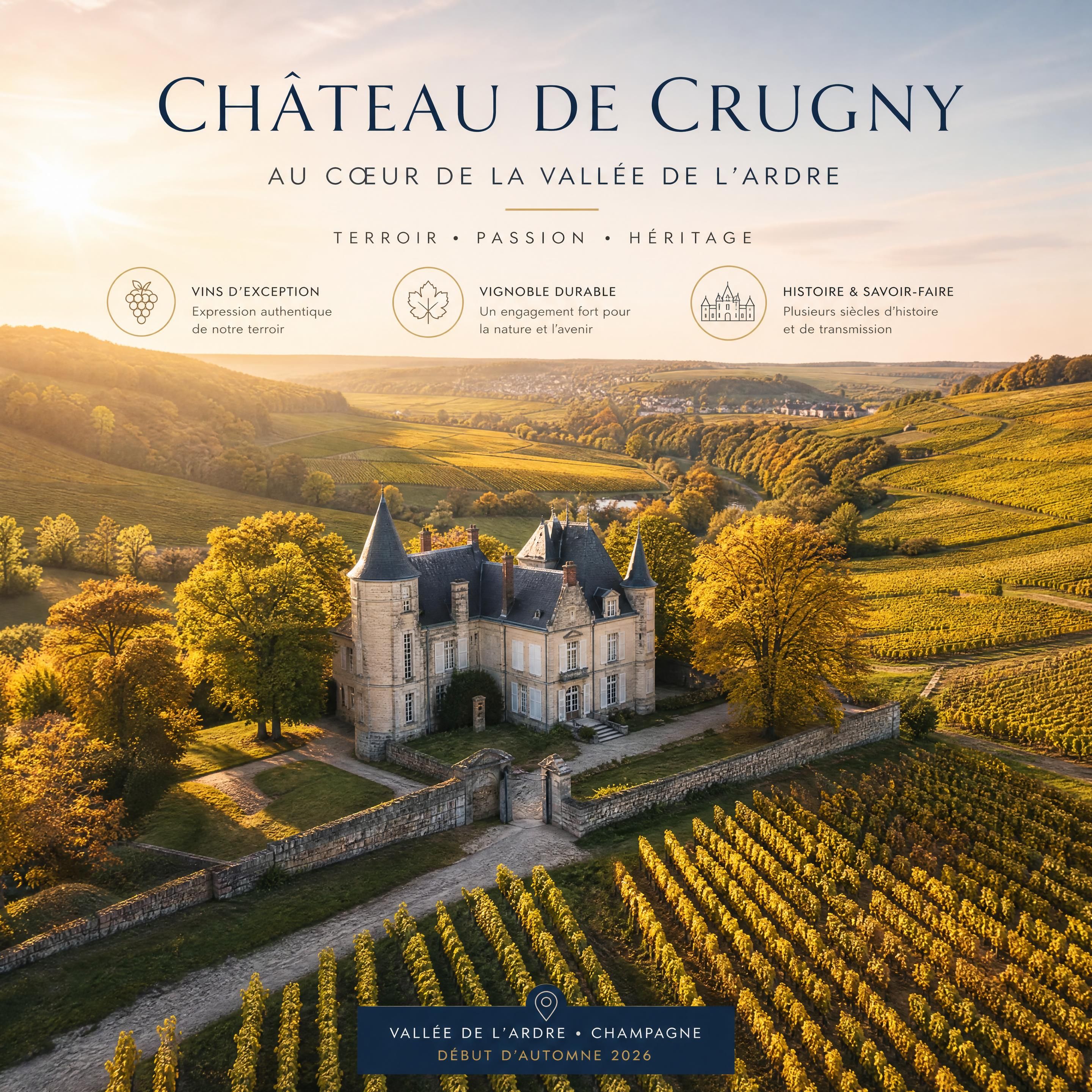 Vue aérienne du Château de Crugny entouré de vignes baignées par la lumière dorée d'un début d'automne 2026 dans la Vallée de l'Ardre