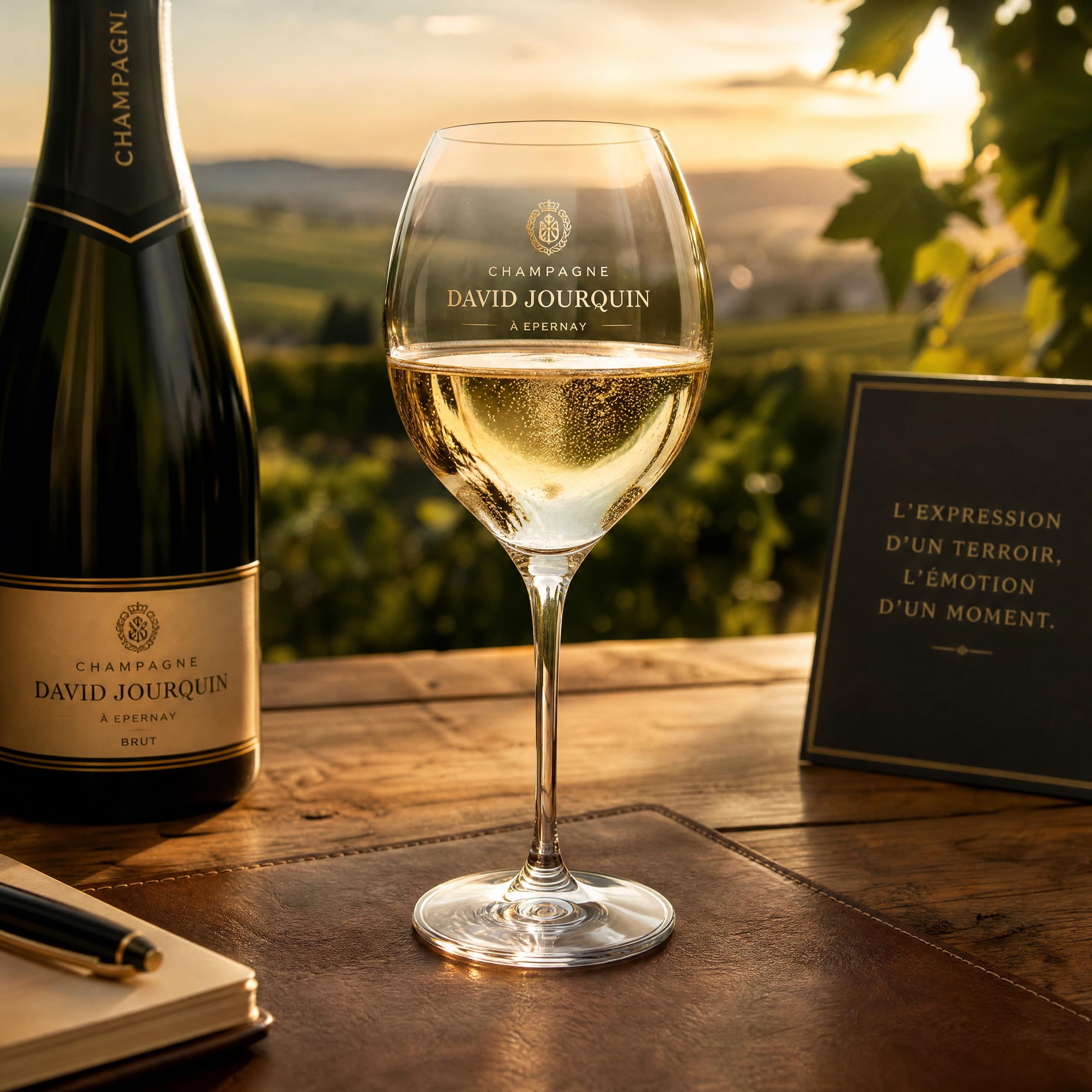 Un verre à ballon en cristal lourd contenant le précieux Champagne David Jourquin, capturant la lumière dorée d'une fin d'après-midi d'été, posé sur une table en chêne brut et cuir patiné