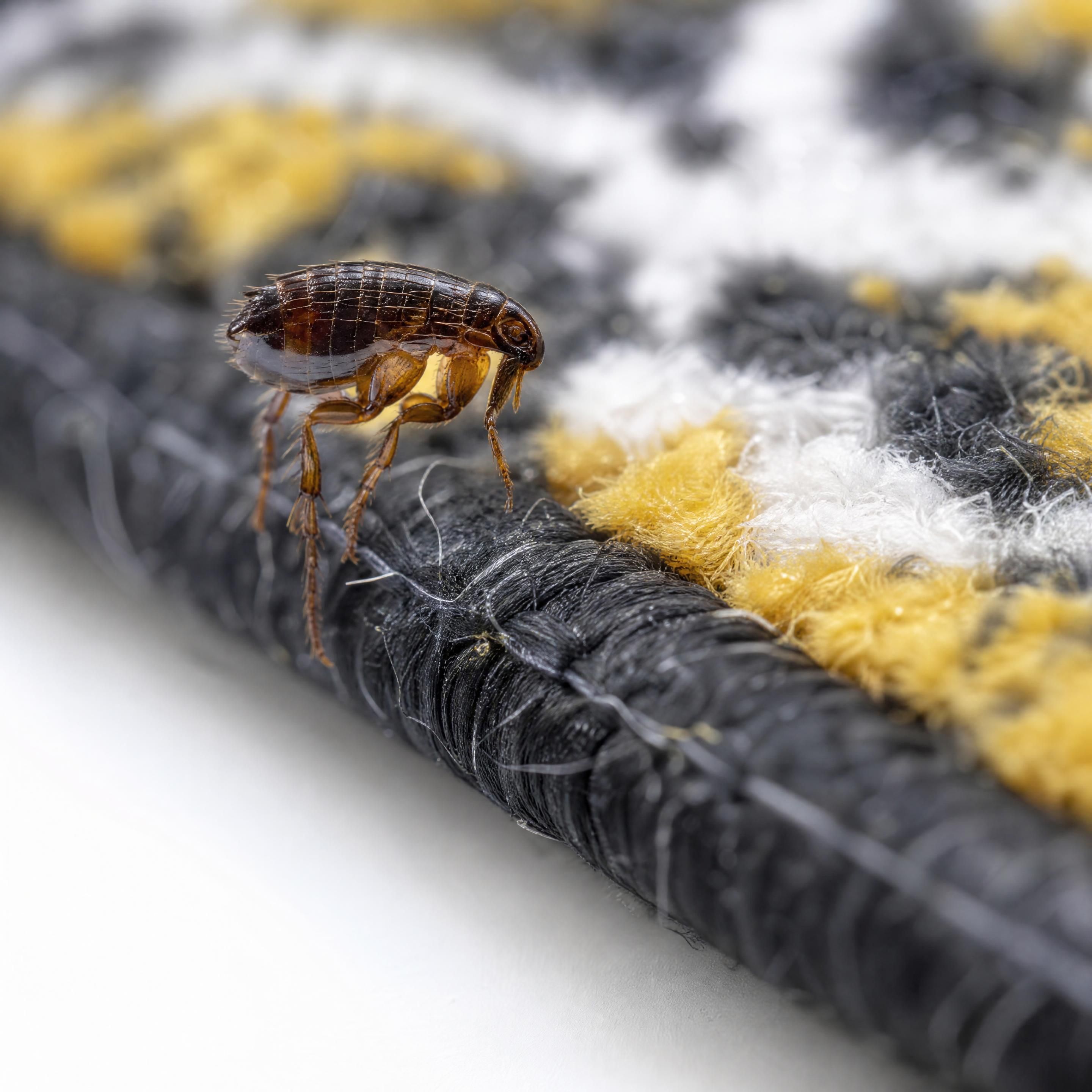 Gros plan réaliste d’une puce adulte sur la bordure d’un tapis d’appartement, rendu macrophotographique précis, sans insecte géant, sans personne, sans texte, couleurs noir anthracite jaune et blanc