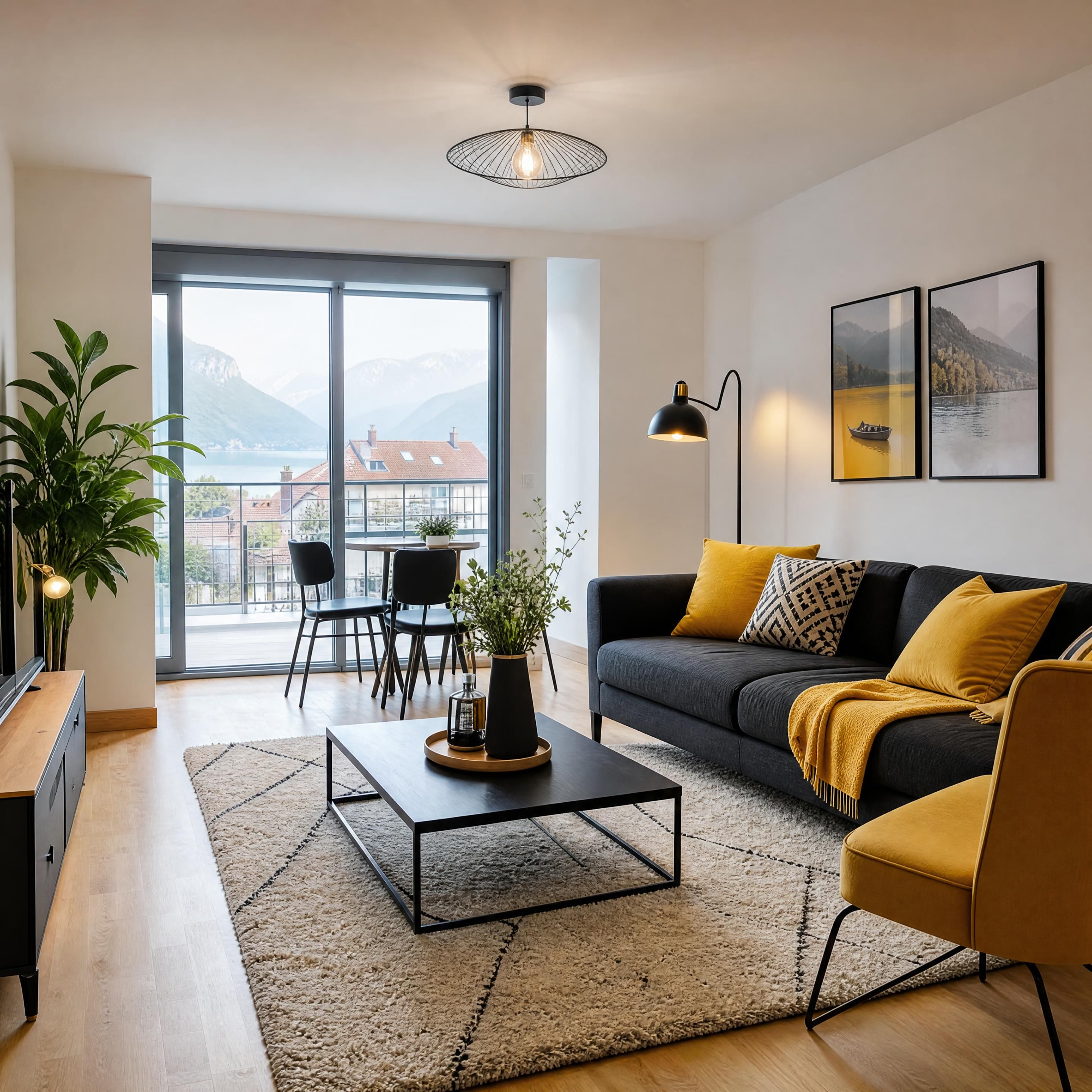Photographie réaliste horizontale d’un appartement récemment emménagé à Annecy avec parquet, tapis et canapé, sans personne ni animal, palette noir anthracite jaune et blanc, sans texte