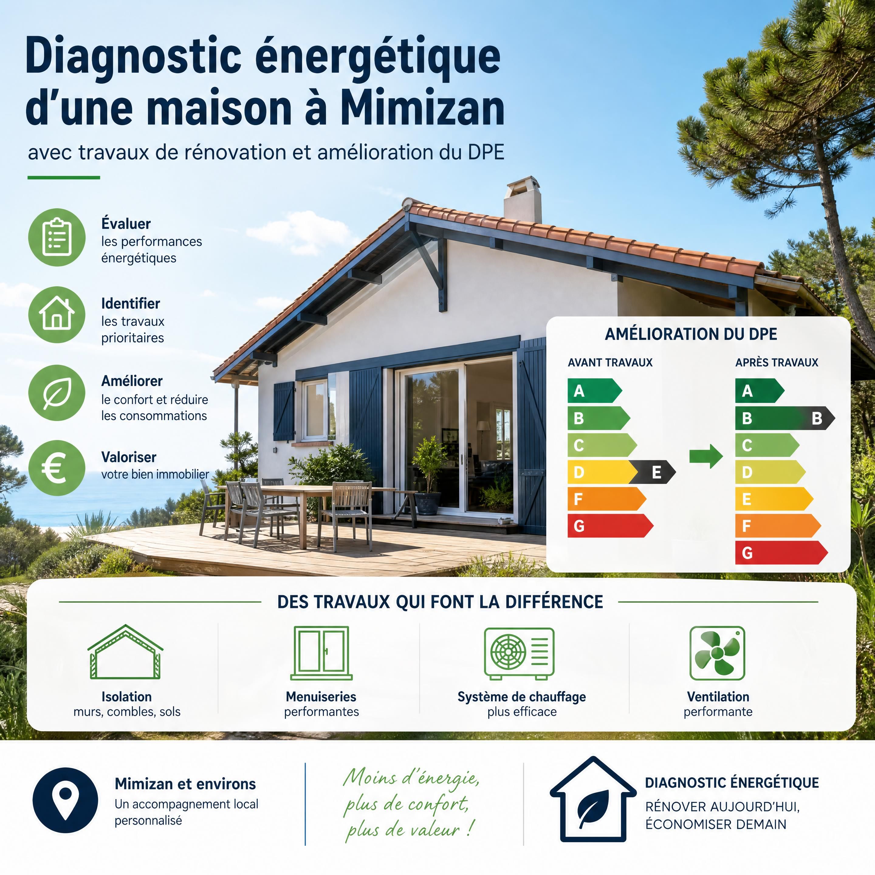 Diagnostic énergétique d’une maison landaise et travaux de rénovation améliorant son classement DPE — Mimizan — Olivier Roussel, conseiller immobilier IAD France à Mimizan (Landes, 40)