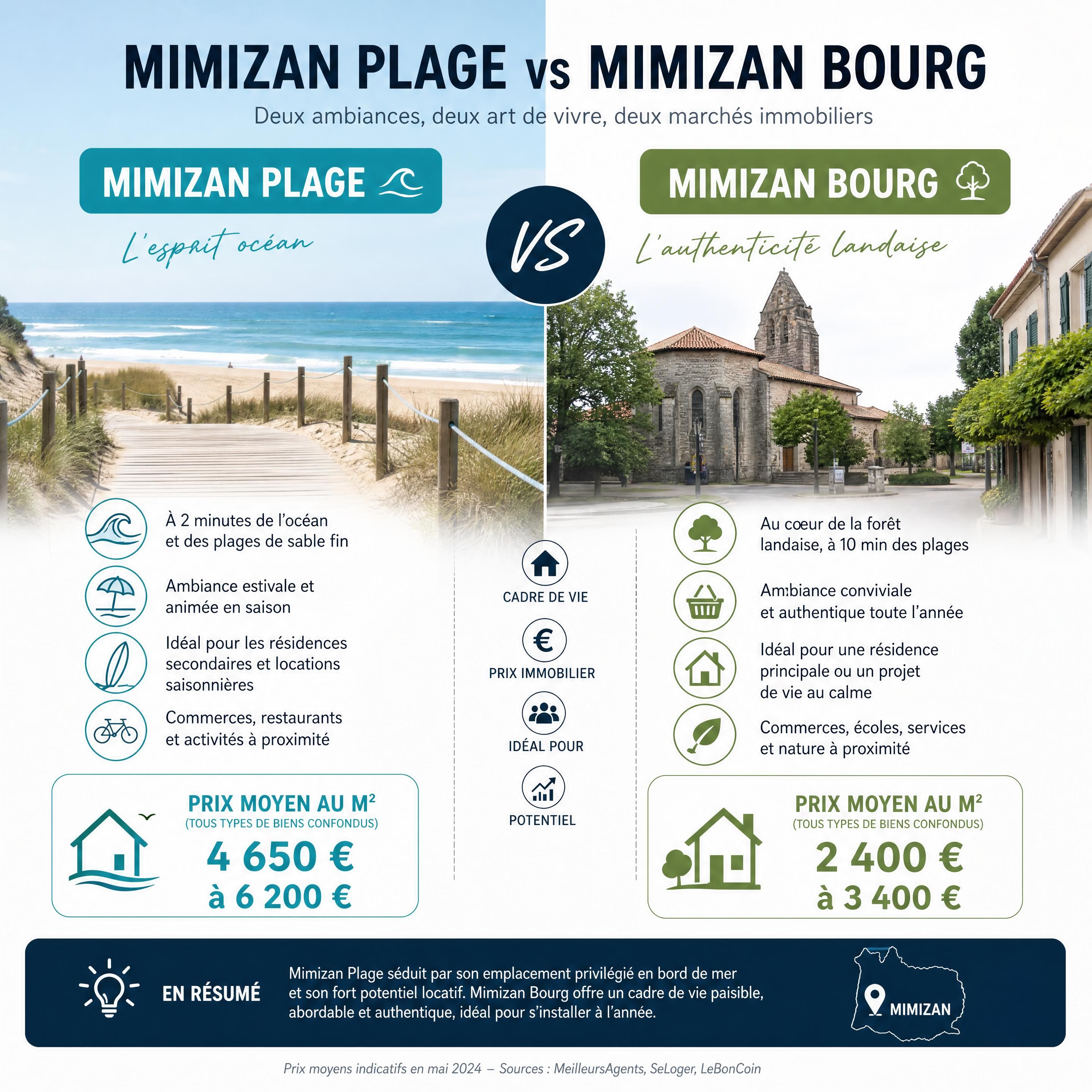 Comparaison visuelle des prix immobiliers entre Mimizan Plage et Mimizan Bourg en 2026 — Mimizan — Olivier Roussel, conseiller immobilier IAD France à Mimizan (Landes, 40)