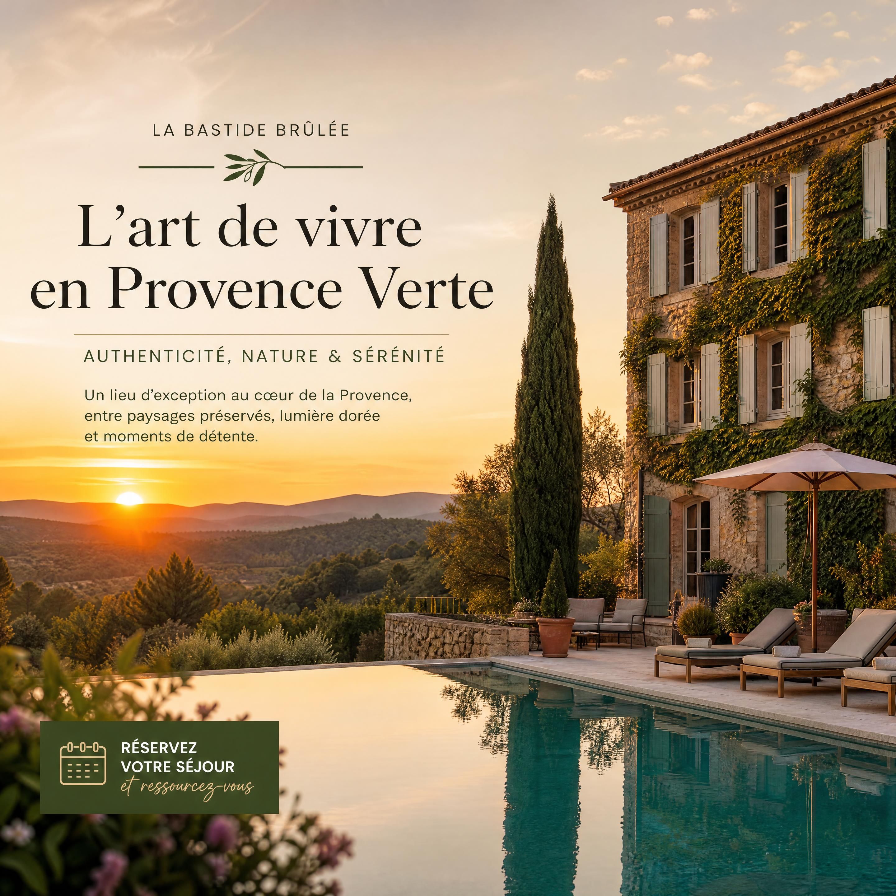 La Bastide Brûlée au coucher du soleil, piscine calme et lumière dorée sur les paysages de Provence Verte