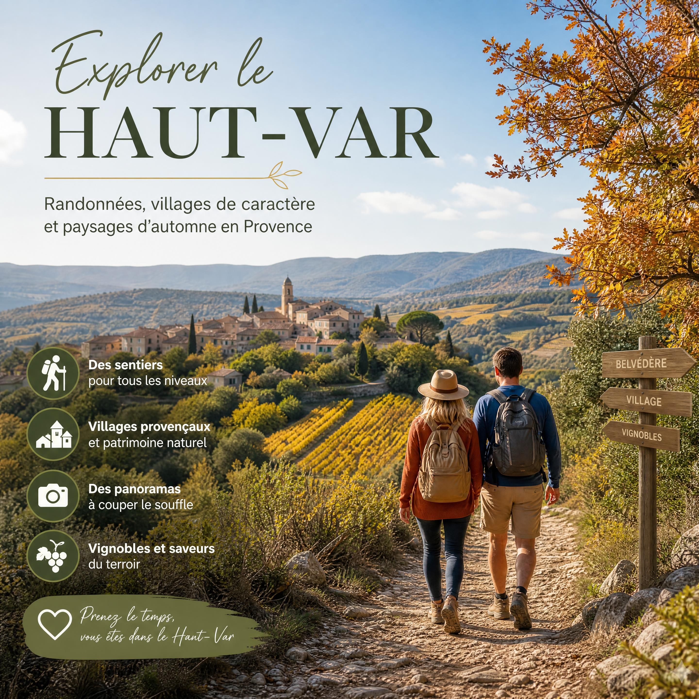 Couple marchant sur un sentier du Haut-Var en automne avec vue sur les collines, les vignes et les villages provençaux
