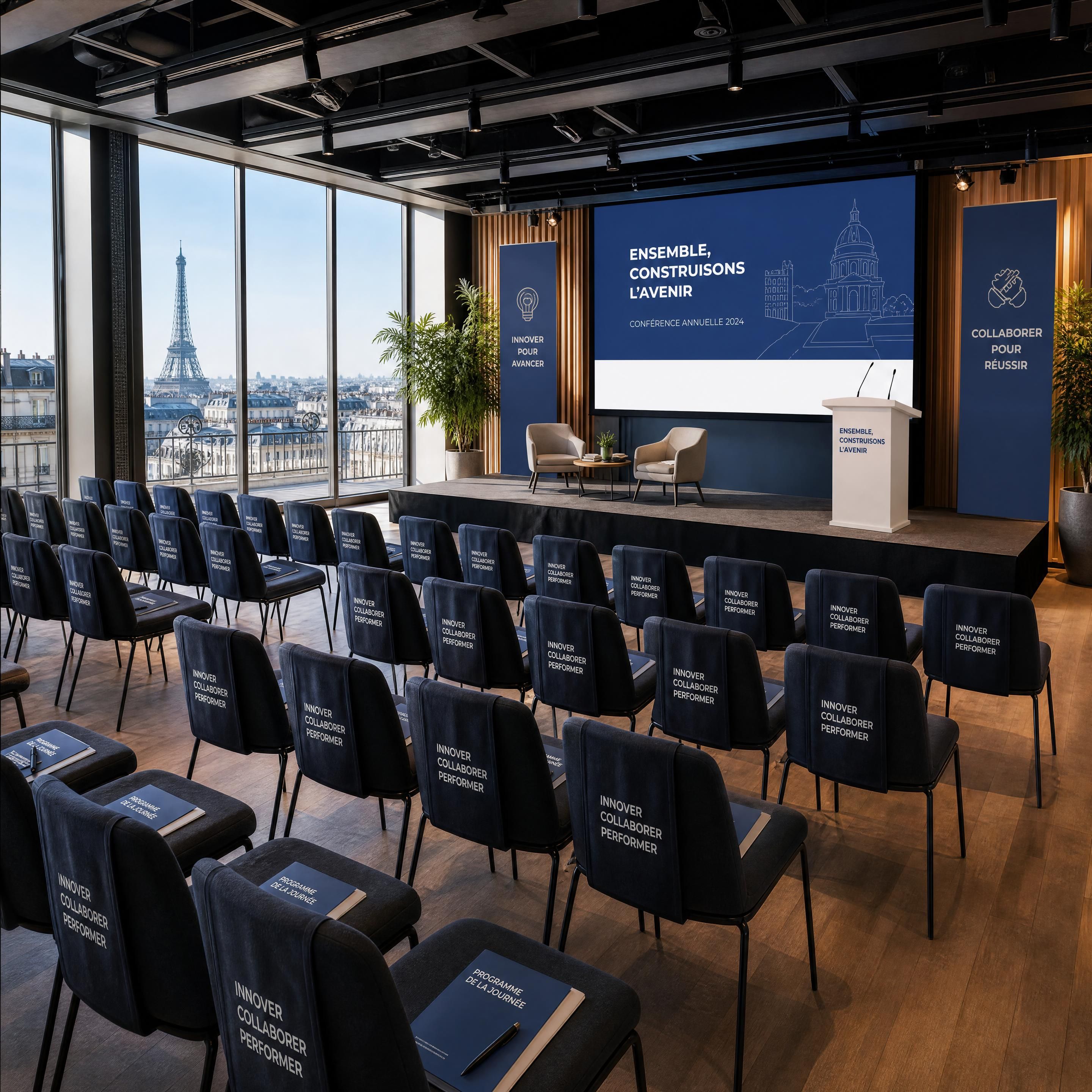 vue panoramique d’une salle événementielle parisienne moderne préparée pour une conférence d’entreprise